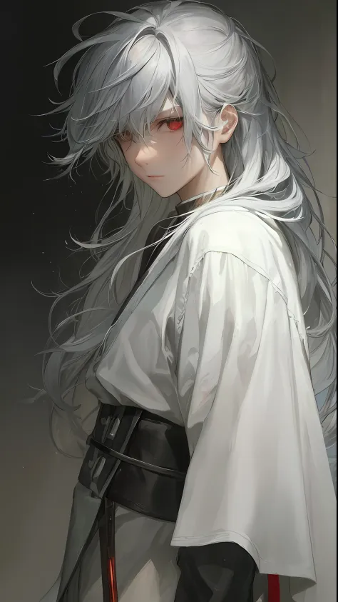 a close up of a person with a white hair and a sword，white-haired god，long  white hair，Long white hair，Guviz-style artwork，White...
