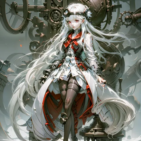 one-girl，white color hair，red eyes，bare legged，long whitr hair，red coat, steampunc