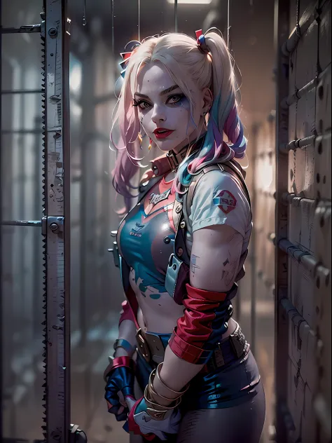 (masterpiece, high resolution, photo-realistic:1.4), (capturing Harley Quinn, portrayed by Margot Robbie, in a prison setting:1....