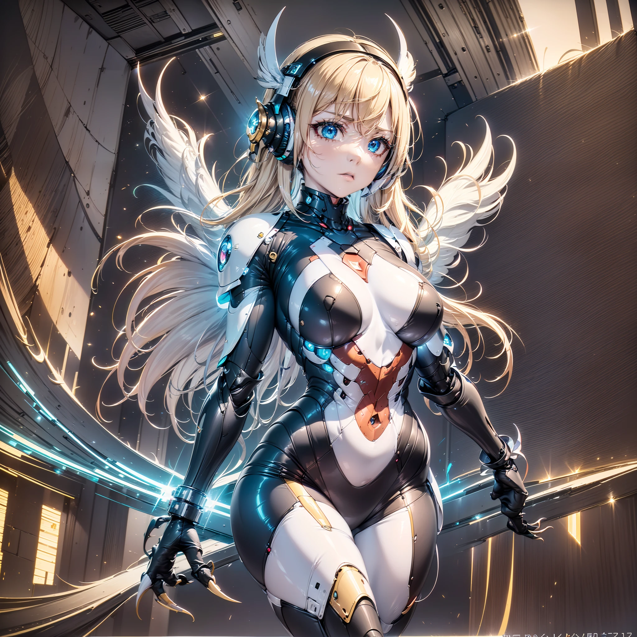 (Golden ratio:1.2),[(Black background:1.4)::10],(Masterpiece), (Best quality), (Ultra detailed),(Disheveled hair),(illustration),(1girll:1.3),Solo,full body,Blonde hair,wavy and long hair,Blue eyes,Cyberpunk girl,mecha-girl,Futuristic wireless headphones,Virtual screen projection,LCD screens,Fiber optic cable,Mechanical limb,Huge breasts,Slim waist,Mechanical exoskeleton,(Biomimetic technology/(The claws and wings of an eagle):1.4)/,mechanicalparts,(With a lightsaber:1.3),Blue lightsaber,There are thrusters on the calves,(On the back of the right hand there is a diamond-shaped light mask:1.3),(Stand on the departure tarmac at the airport:1.3)