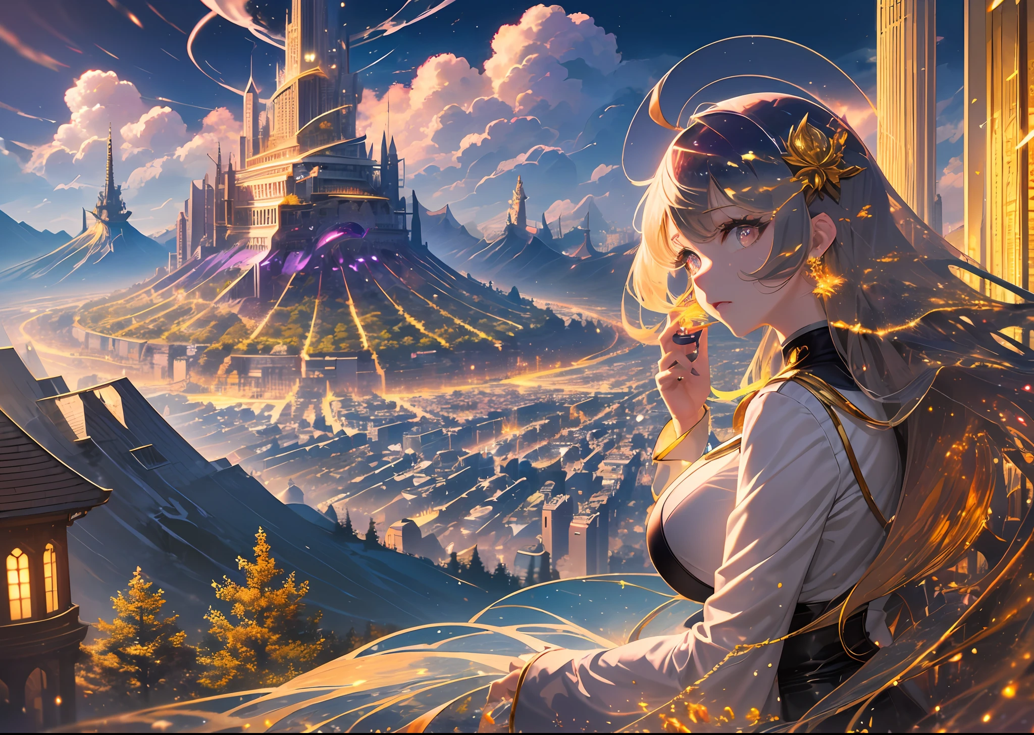 (1girl:1.2), wide shot:1.3,
(Curl inside hair, blonde hair,very long hair:1), 
(glows ultra-detailed deep Amethyst eyes:1.2), (gradient eyes, finely detailed beautiful eyes, symmetrical eyes:1.1), (big highlight on eyes:1.2),
(The protagonist overlooking the demonic city from above:1.2), 
(The traveler stands atop the hill, overlooking a vast, fantastical city that stretches as far as the eye can see. And beyond that, towering a gigantic, golden tree shining with radiance, creating a magical world:1.5),
(The enormous shining golden tree:1.1),
break,
(blue sky, clear weather:1),
,
(masterpiece:1.3), (illustration:1.1), (best quality:1.1), (best aethetic:1), (beautiful art:1.2), (ultra-detailed:1.2), (8k), (HDR), (sharp focus), (intricate), (more_details:-0.5), (more_details:1.5)