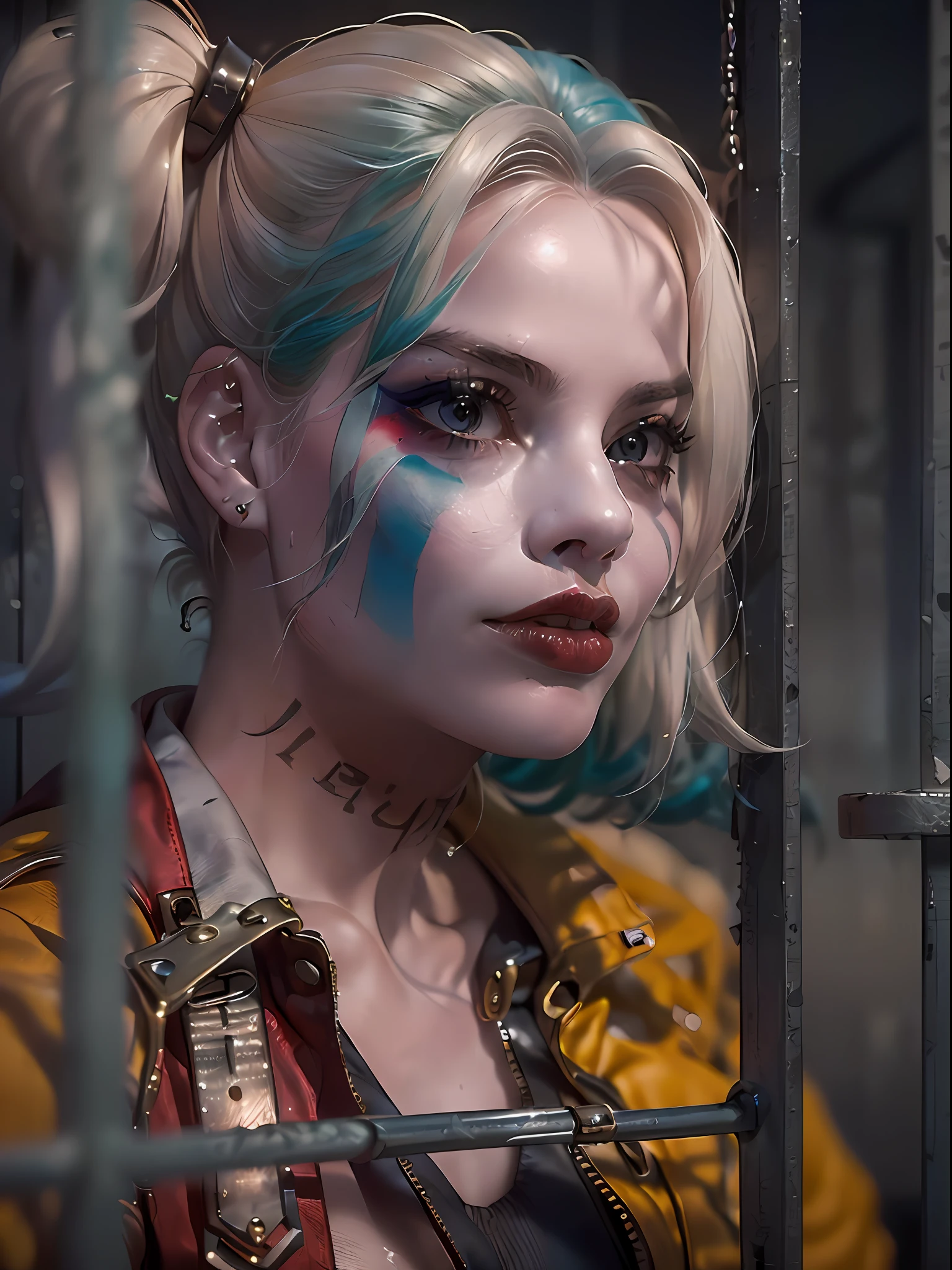 (Meisterwerk, Hohe Auflösung, fotorealistisch:1.4), (Harley Quinn gefangen nehmen, dargestellt von Margot Robbie, in einem Gefängnis:1.3), (Harley posiert mit provokantem und trotzigem Blick:1.2), (Die Umgebung ist mit kühlen, Gedeckte Farben, spiegelt die düstere Atmosphäre des Gefängnisses wider:1.2), (Gitter werfen Schatten auf die Wände:1.1), (entfernte Klirrgeräusche hallen durch die Hallen:1.1), (Harley, im Gegensatz, strahlt lebendige und kräftige Farben aus, Hervorhebung ihres lebhaften Geistes:1.3), (Ihr Outfit besticht durch eine Mischung aus leuchtenden Rottönen, Blues, und Weiß:1.2), (Ihr Make-up betont ihre verspielte Persönlichkeit:1.2), (Canon EOS R5 spiegellose Kamera:1.2), (gepaart mit einem Canon RF 50mm f/1.2L USM lens:1.2), (jede Essenz ihres rebellischen Verhaltens einfangend:1.2), (die Komposition zeigt eine Aufnahme aus mittlerer Entfernung, fängt sie in all ihrer temperamentvollen Pracht ein:1.2), (a captivating portrayal of the iconic character in einem Gefängnis:1.2).