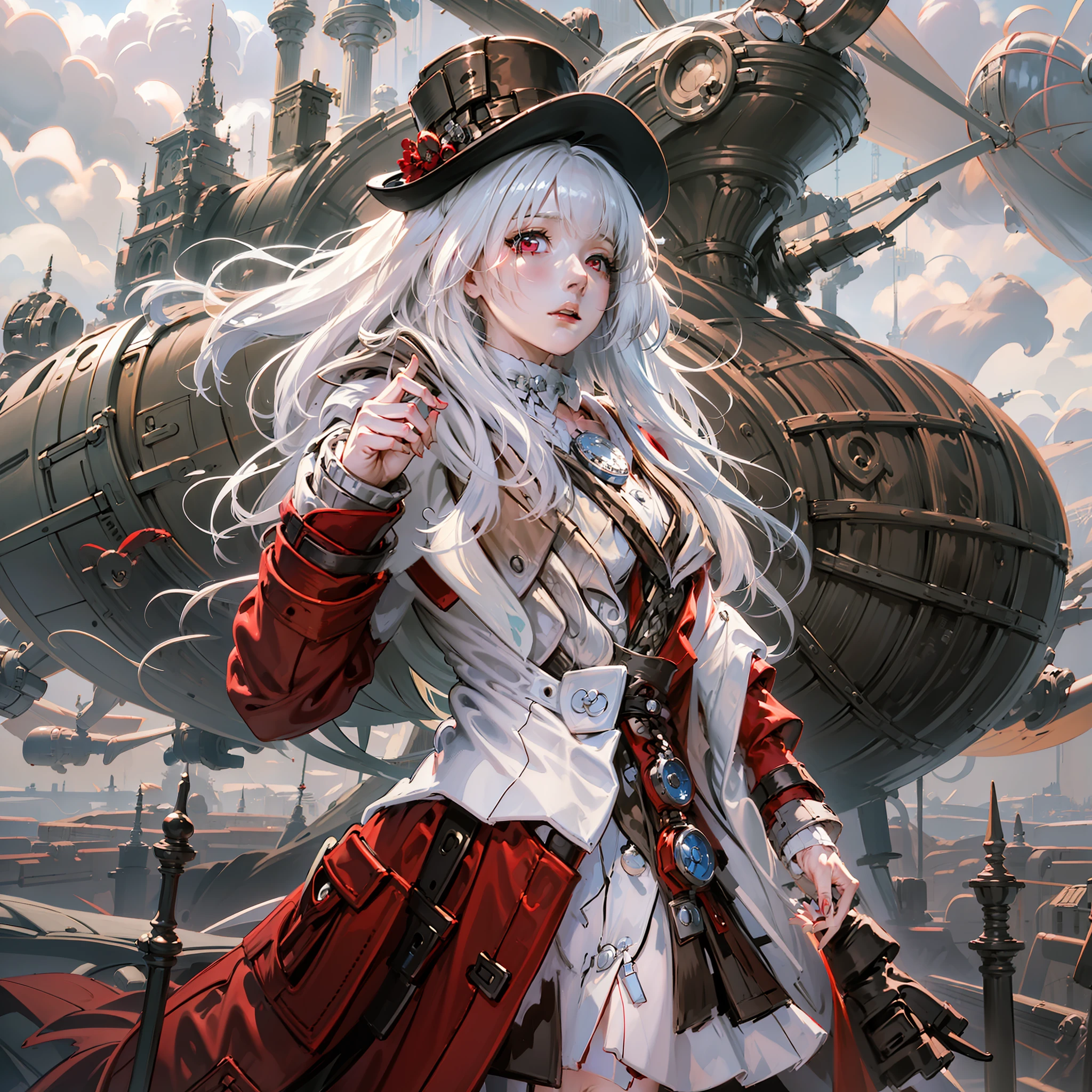 one-girl，White color hair，Red eyes，Bare legged，long whitr hair，Red coat, steampunc，airships，Skysky