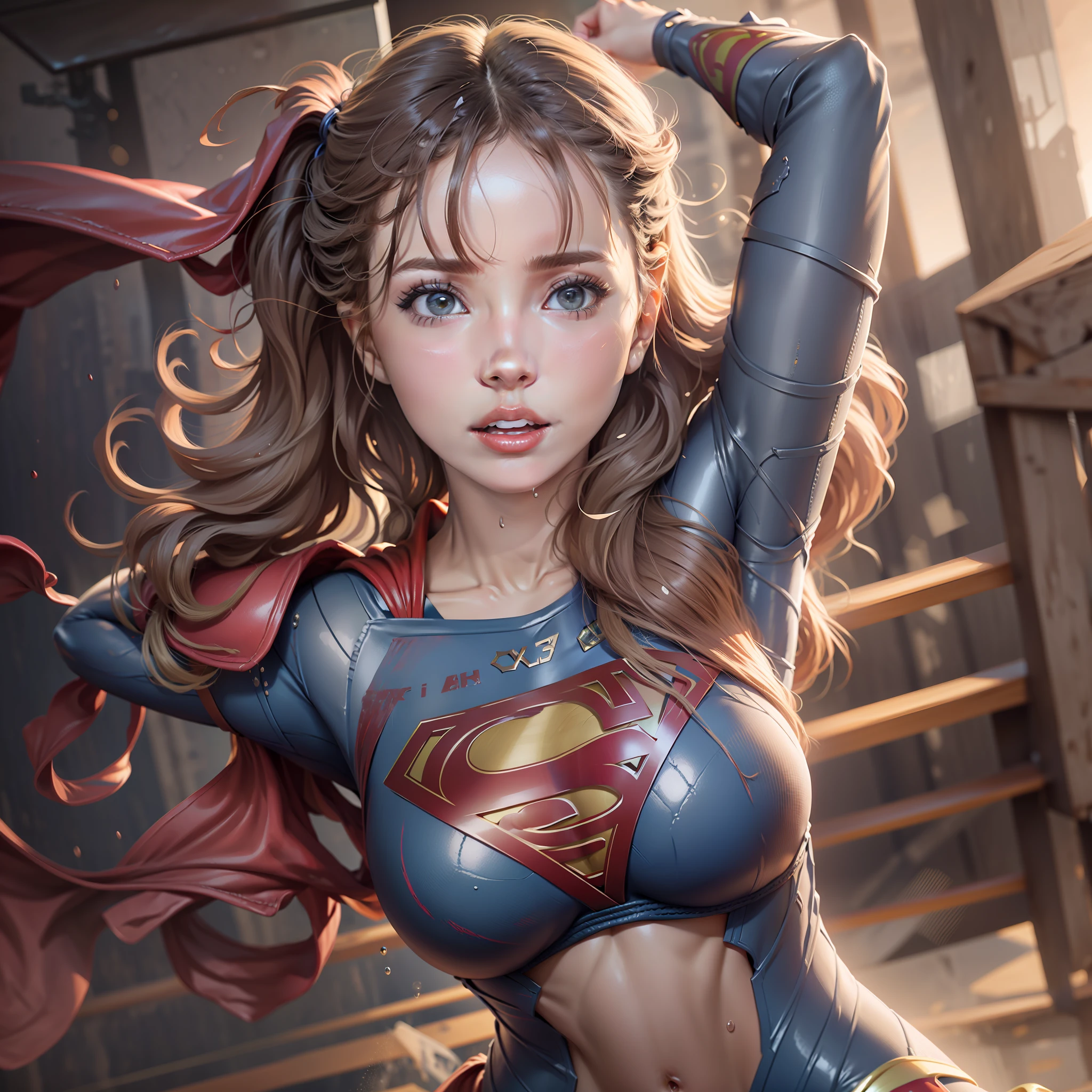 SFW，（Ultra-realistic photo of Supergirl in the ring：1.2），tight costume，4K，8K，HDR，（depth of fields：1.2），bokeh，hyper-detailing，（naughty：1.2）face expression，（Soak through panties）），（Wet through bra）），