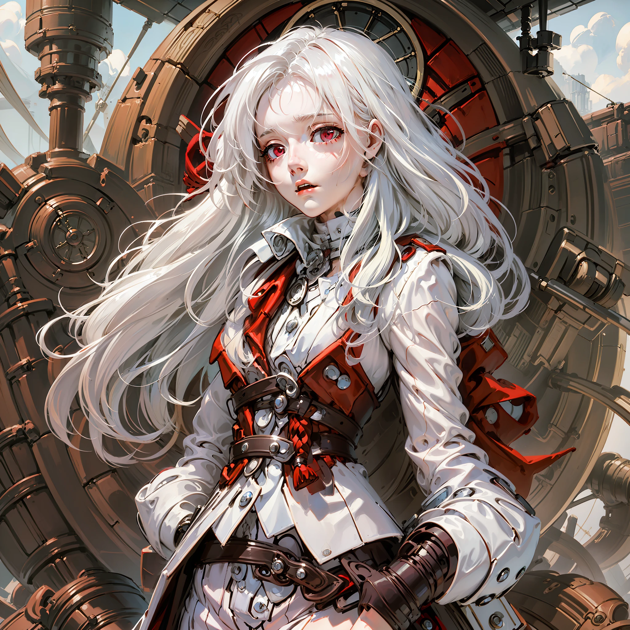 A teenage girl，White color hair，Red eyes，long whitr hair，Red coat,delicated face， steampunc，airships，Skysky