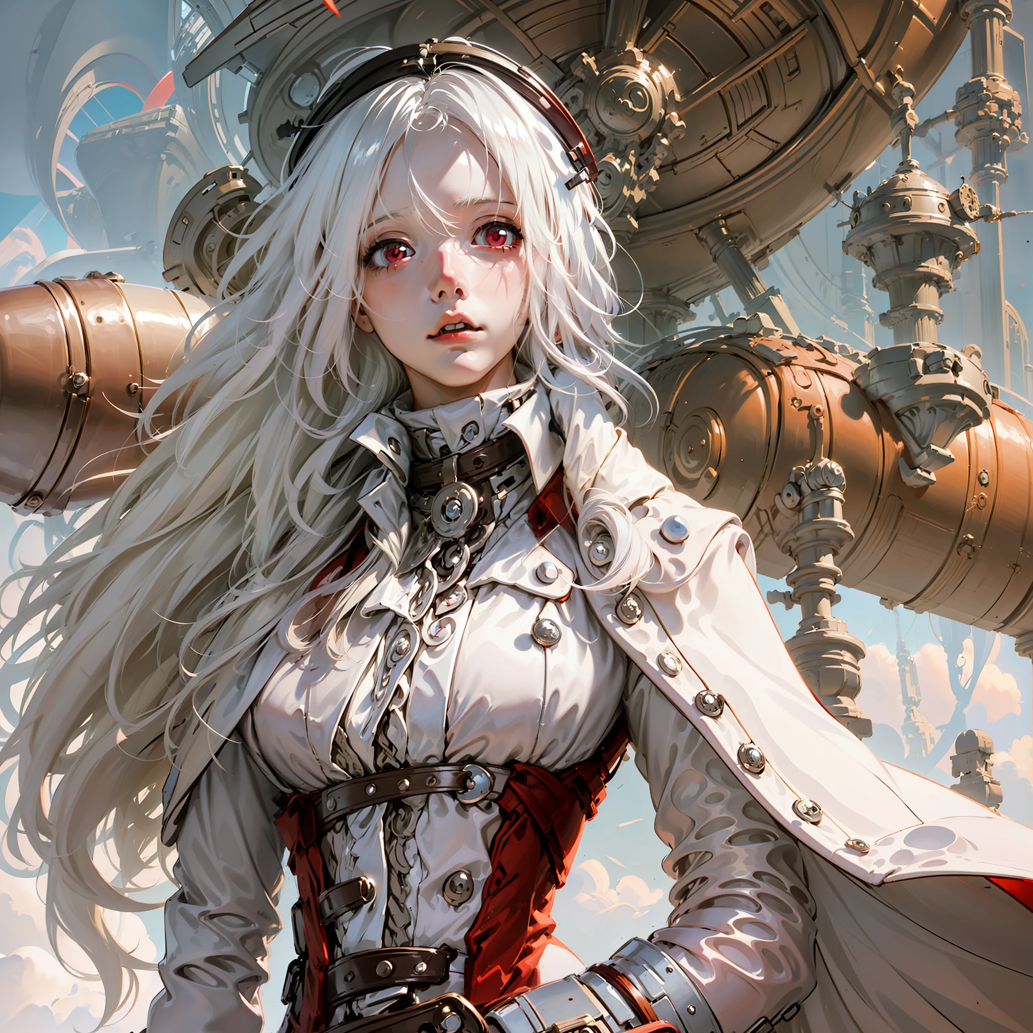 A teenage girl，White color hair，Red eyes，long whitr hair，Red coat,delicated face， steampunc，airships，Skysky