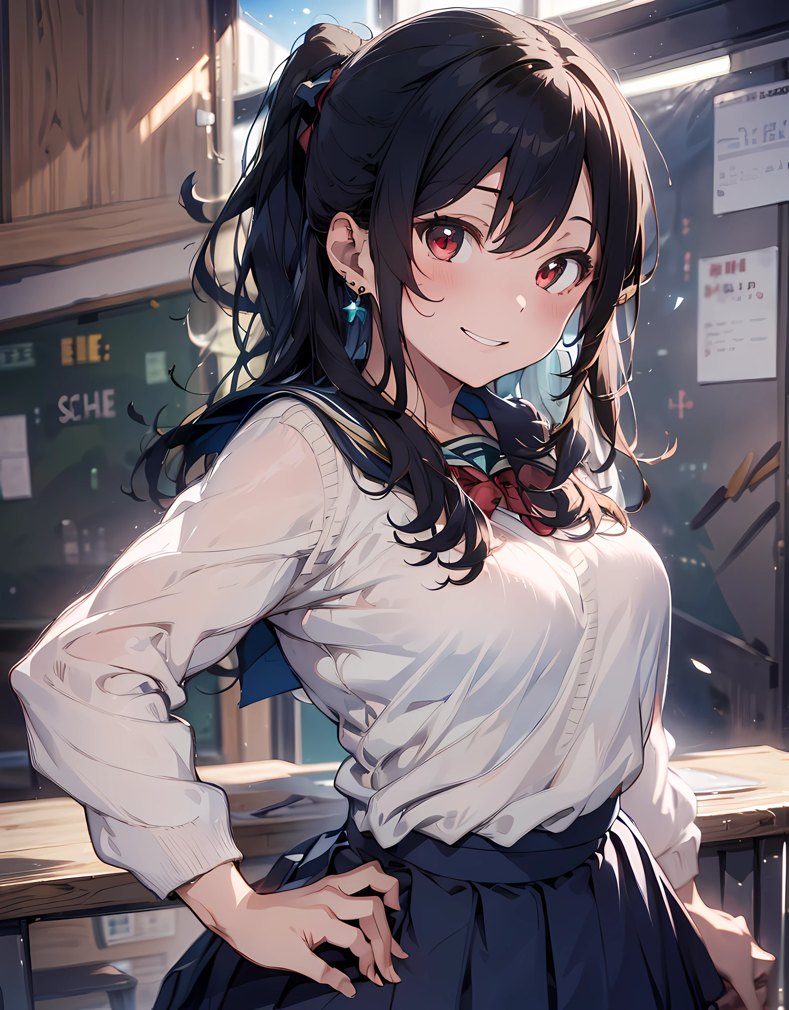 (masterpiece, best quality:1.37), highres, ultra-detailed, ultra-sharp, BREAK, Japanese school girl, 1girl, (black hair, medium hair, pony-tail hair style), red eyes, jewelry, earrings, piercing, BREAK, ((detailed school girl uniform:1.3), white collard shirt, (((navy jumper skirt:1.3))), lovely look), grin, light smile, BREAK, standing, cowboy shot, arms behind back, arms behind on hip, detailed human hands, HDTV:1.2, ((detailed school room background:1.3)), 8 life size, anime style, anime style school girl, inspiration from Kyoto animation and A-1 picture,