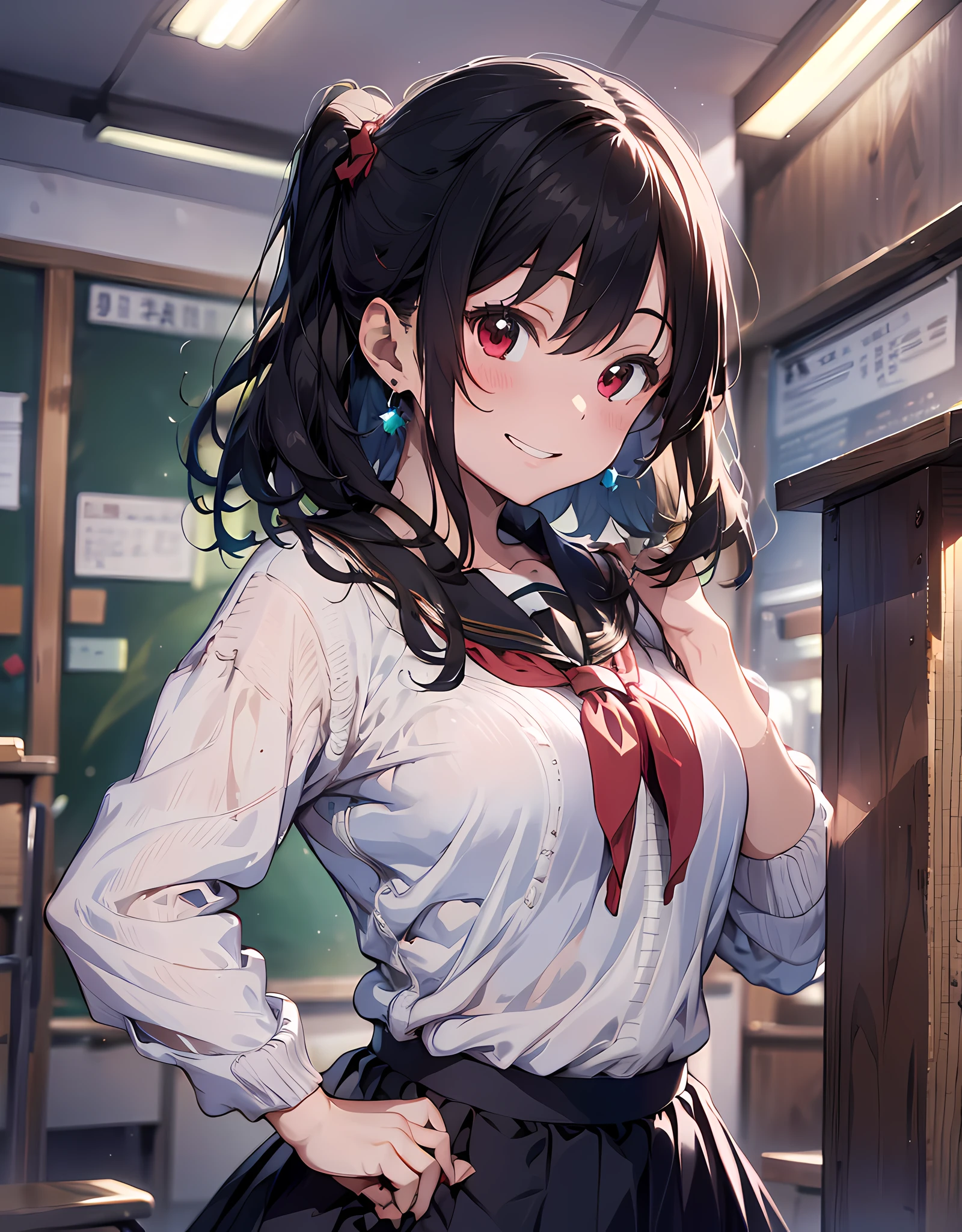 (masterpiece, best quality:1.37), highres, ultra-detailed, ultra-sharp, BREAK, Japanese school girl, 1girl, (black hair, medium hair, pony-tail hair style), red eyes, jewelry, earrings, piercing, BREAK, ((detailed jumper skirt uniform:1.3), white collard shirt, (((jumper skirt:1.3))), lovely look), grin, light smile, BREAK, standing, cowboy shot, arms behind back, arms behind on hip, detailed human hands, HDTV:1.2, ((detailed school room background:1.3)), 8 life size, anime style, anime style school girl, perfect anatomy, perfect proportion, inspiration from Kyoto animation and A-1 picture,