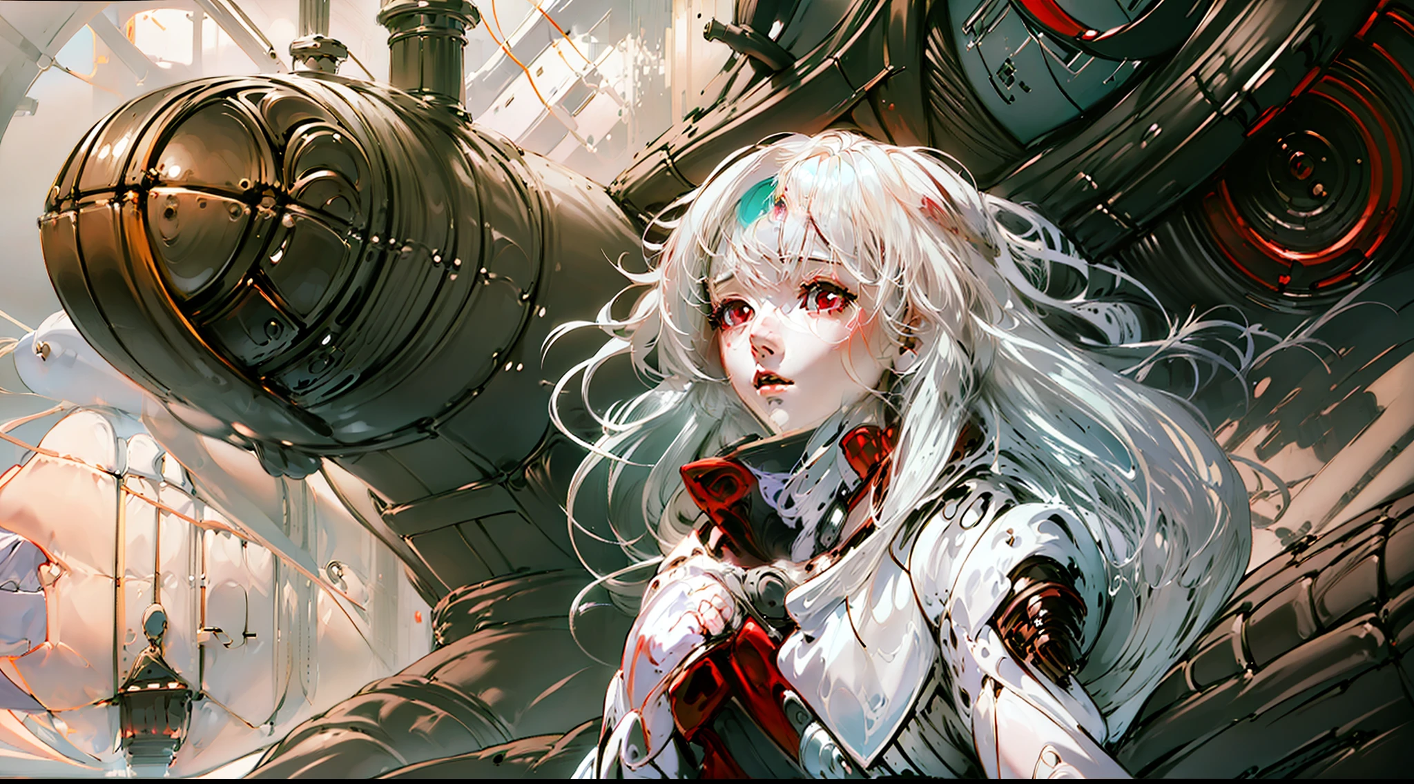 A teenage girl，White color hair，Red eyes，long whitr hair，Red coat,delicated face， steampunc，airships，Skysky