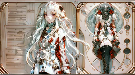 a teenage girl，white color hair，red eyes，long whitr hair，red coat,delicated face， steampunc，airships，skysky