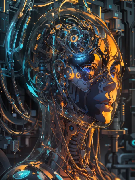 Translucent android in biomechanical body, 

liquid cooling, 

intricate circuits, 

beautiful, 

elegant, 

black gradient with orange, 

blue and golden smoke and cobalt blue crystal liquid, 

stunning, 

render, 

hyper realistic, 

octane render, 

cry...