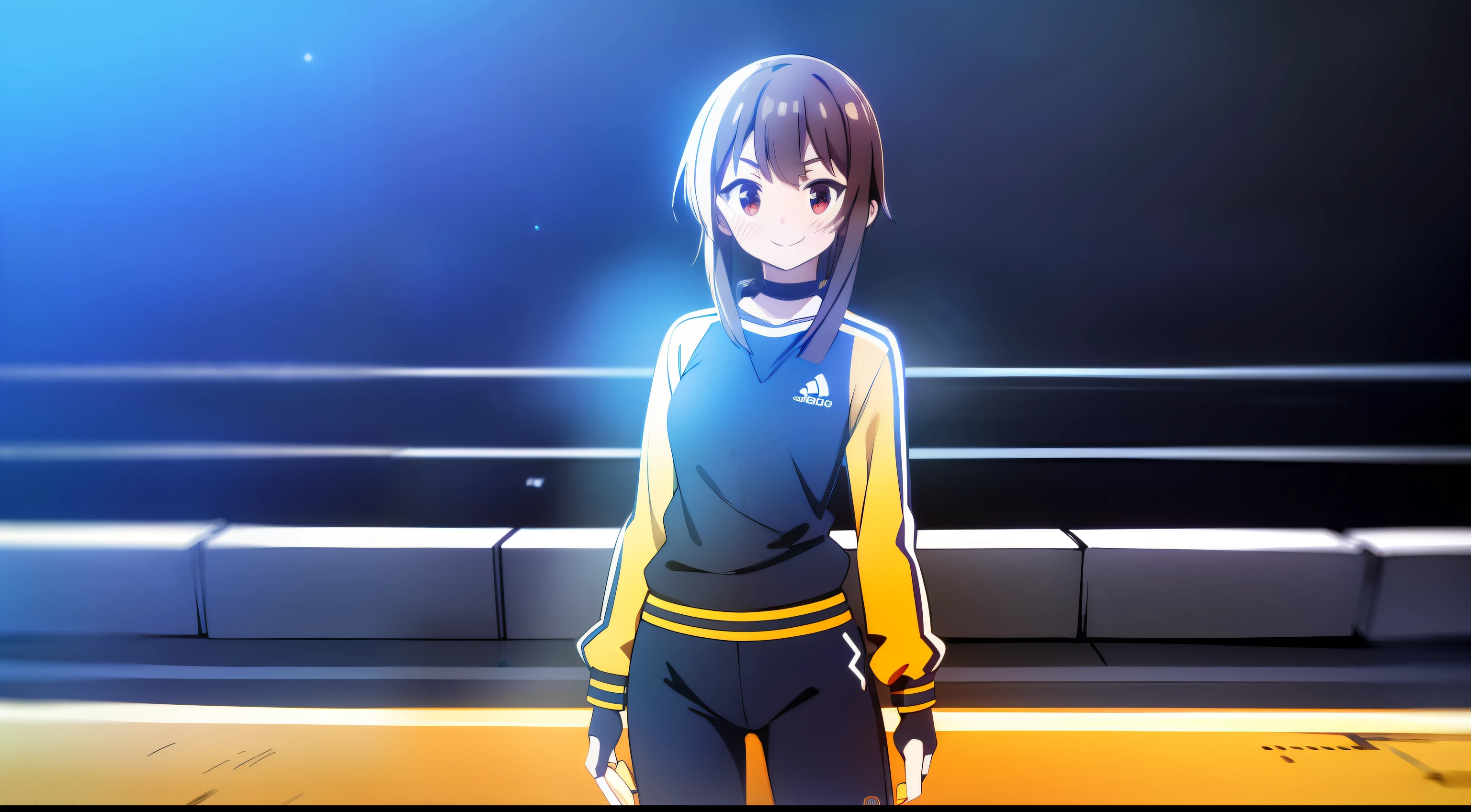 megumin, full body, standing, looking at viewer, (no headwear), brown hair, short hair, red eyes, blush, black choker, she is wearing the blue and yellow boca juniors tracksuit adidas style, adidas style sportswear, and black sneakers, long sleeves, blue gloves, fingerless gloves, Smile, cowboy shot, konosuba anime style, la bombonera stadium background with blue and yellow flags, all adidas style clothing with the three yellow stripes