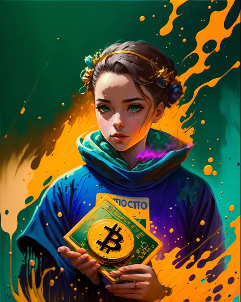 olpntng style, A highly detailed and hyper realistic drawing of a 1950's atomic waste cheerleader holding gold bitcoin, cryptocu...