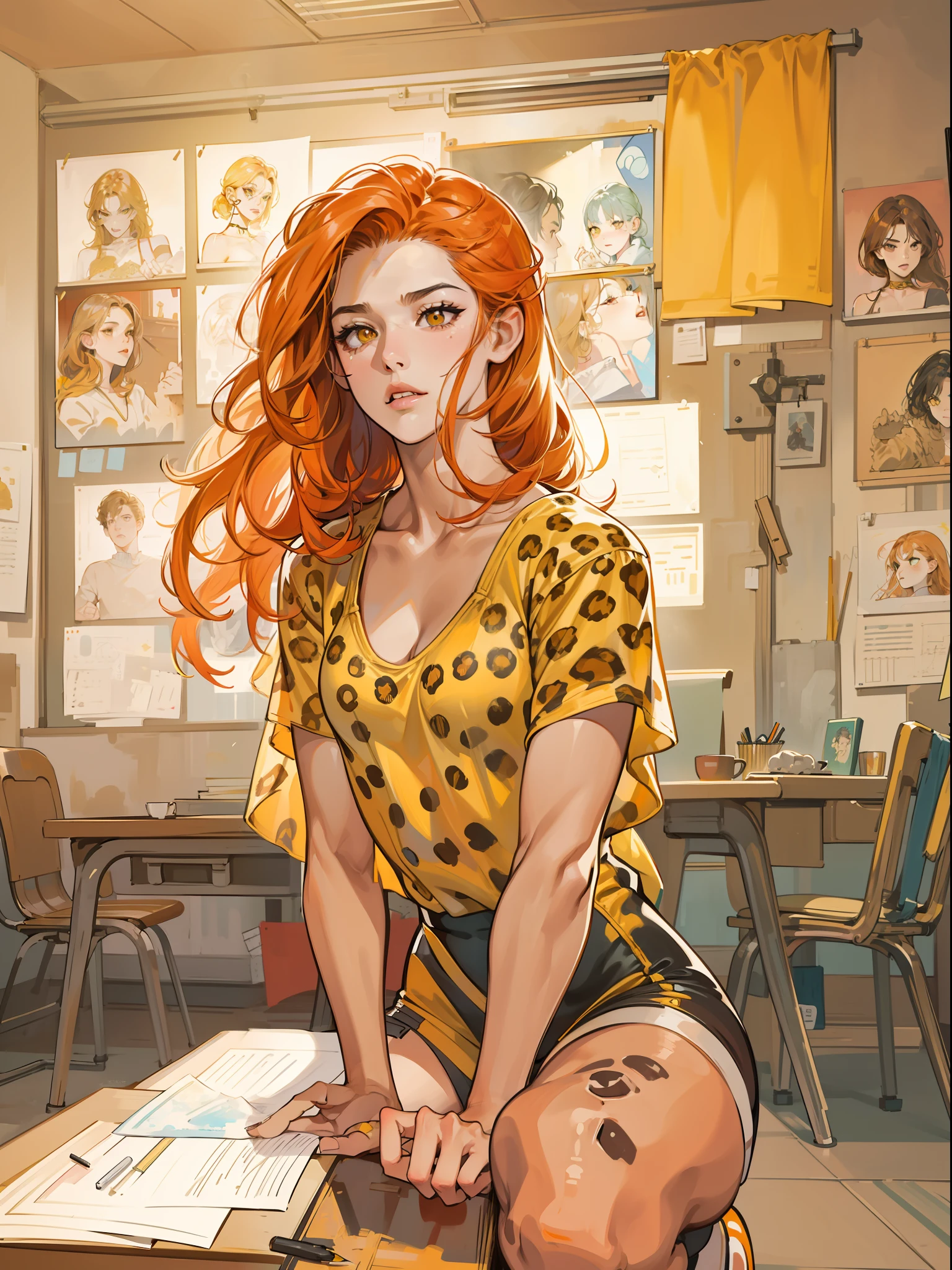 Girl in a classroom, realistic face, masterpiece, long messy orange hair, yellow eyes, leopard print leotard, squatting in room, angry, snarling, big nails, wild, spectacular, circus body, sketch unfinished, high waisted portrait realistic sketch style, watercolor and pencil line style, free lines, on paper, character sheet, sharp lines, animated, 8k, highly detailed face, freedom, soul, digital illustration, close-up perfection, dynamic, highly detailed