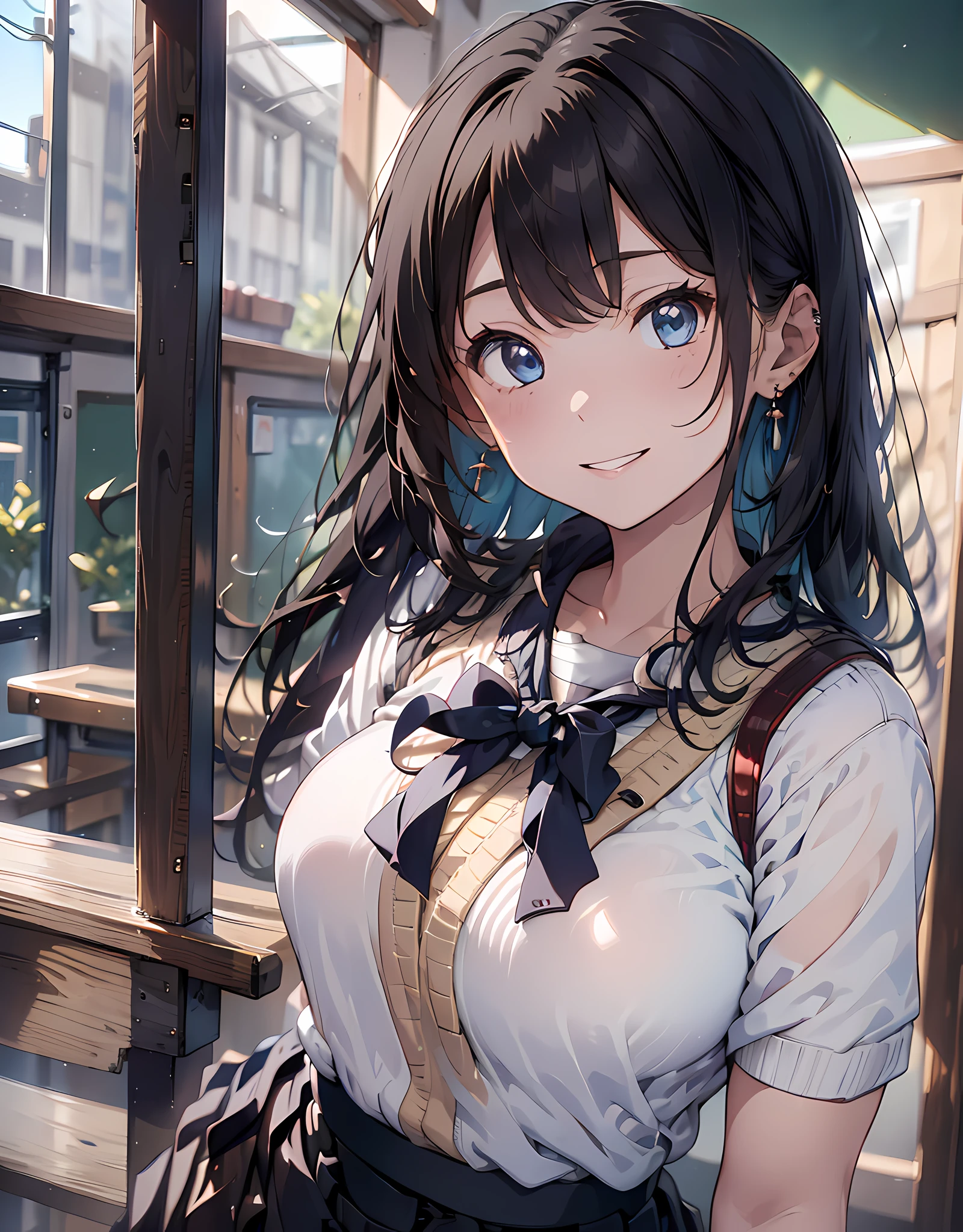 (masterpiece, best quality:1.37), highres, ultra-detailed, ultra-sharp, BREAK, Japanese school girl, 1girl, (black hair, medium straight hair, bangs), blue eyes, jewelry, earrings, piercing, BREAK, ((detailed jumper skirt uniform:1.5), (((jumper skirt:1.5))), pinafore dress, lovely look), grin, light smile, parted lips, pink lipstick, BREAK, standing, cowboy shot, arms behind back, arms behind on hip, detailed human hands, HDTV:1.2, ((detailed school room background:1.3)), 8 life size, slender, anime style, anime style school girl, perfect anatomy, perfect proportion, inspiration from Kyoto animation and A-1 picture,