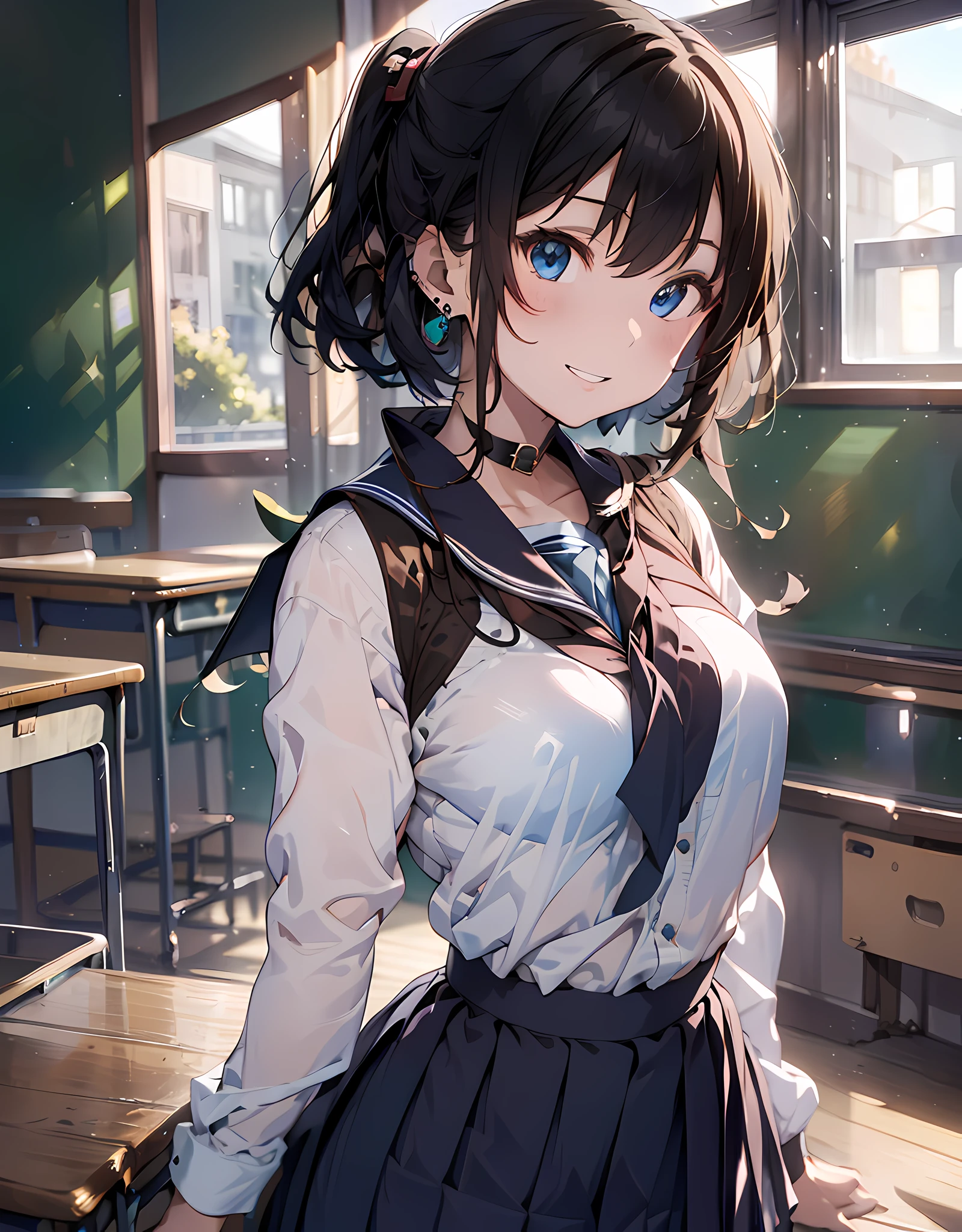 (masterpiece, best quality:1.37), highres, ultra-detailed, ultra-sharp, BREAK, Japanese school girl model, 1girl, (black hair, short hair, bangs), blue eyes, jewelry, earrings, piercing, BREAK, ((detailed school girl uniform:1.5), collard sailor shirt, pleats skirt, lovely look), grin, light smile, parted lips, pink lipstick, BREAK, standing, cowboy shot, arms behind back, arms behind on hip, detailed human hands, HDTV:1.2, ((detailed school room background:1.3)), 8 life size, slender, anime style, anime style school girl, perfect anatomy, perfect proportion, inspiration from Kyoto animation and A-1 picture,