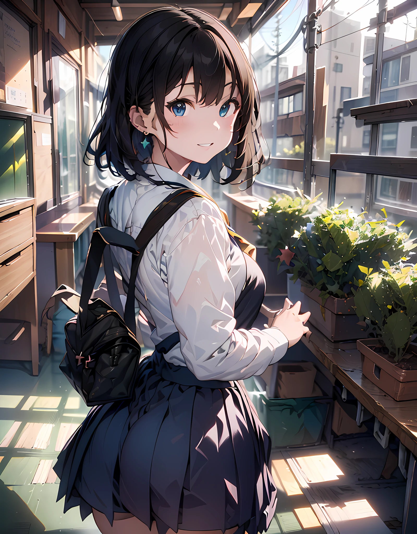 (masterpiece, best quality:1.37), highres, ultra-detailed, ultra-sharp, BREAK, Japanese school girl model, 1girl, (black hair, short hair, bangs), blue eyes, jewelry, earrings, piercing, BREAK, ((detailed school girl uniform:1.5), collard sailor shirt, yellow tie, dark-green pleats skirt, lovely look), grin, light smile, parted lips, pink lipstick, BREAK, standing, look back, from behind, cowboy shot, detailed human hands, HDTV:1.2, ((detailed school room background:1.3)), 8 life size, slender, anime style, anime style school girl, perfect anatomy, perfect proportion, inspiration from Kyoto animation and A-1 picture,