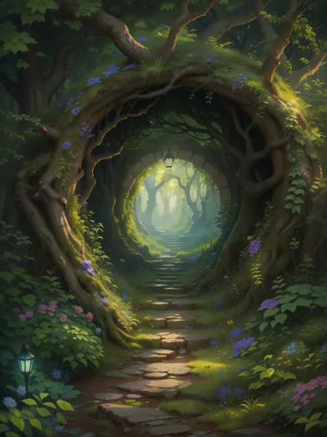 A detailed digital painting of a magical woodland portal, with a hint of the strange and wonderful world beyond