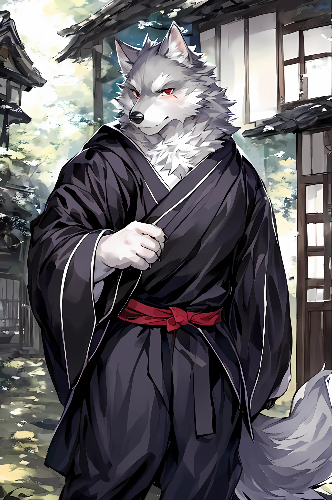 light gray wolf, masterpiece, best quality, absurd res, by kiyosan, by null-ghost, furry, wolf, male, muscular, solo, long black cloak, (wide trousers)+, kimono, red pupils, black eyes, thick eyebrows, light gray fur, silver fur, (scar on nuzzle:0.9), looking at viewer, detailed fur, fluffy, tail, detailed background, japanese village