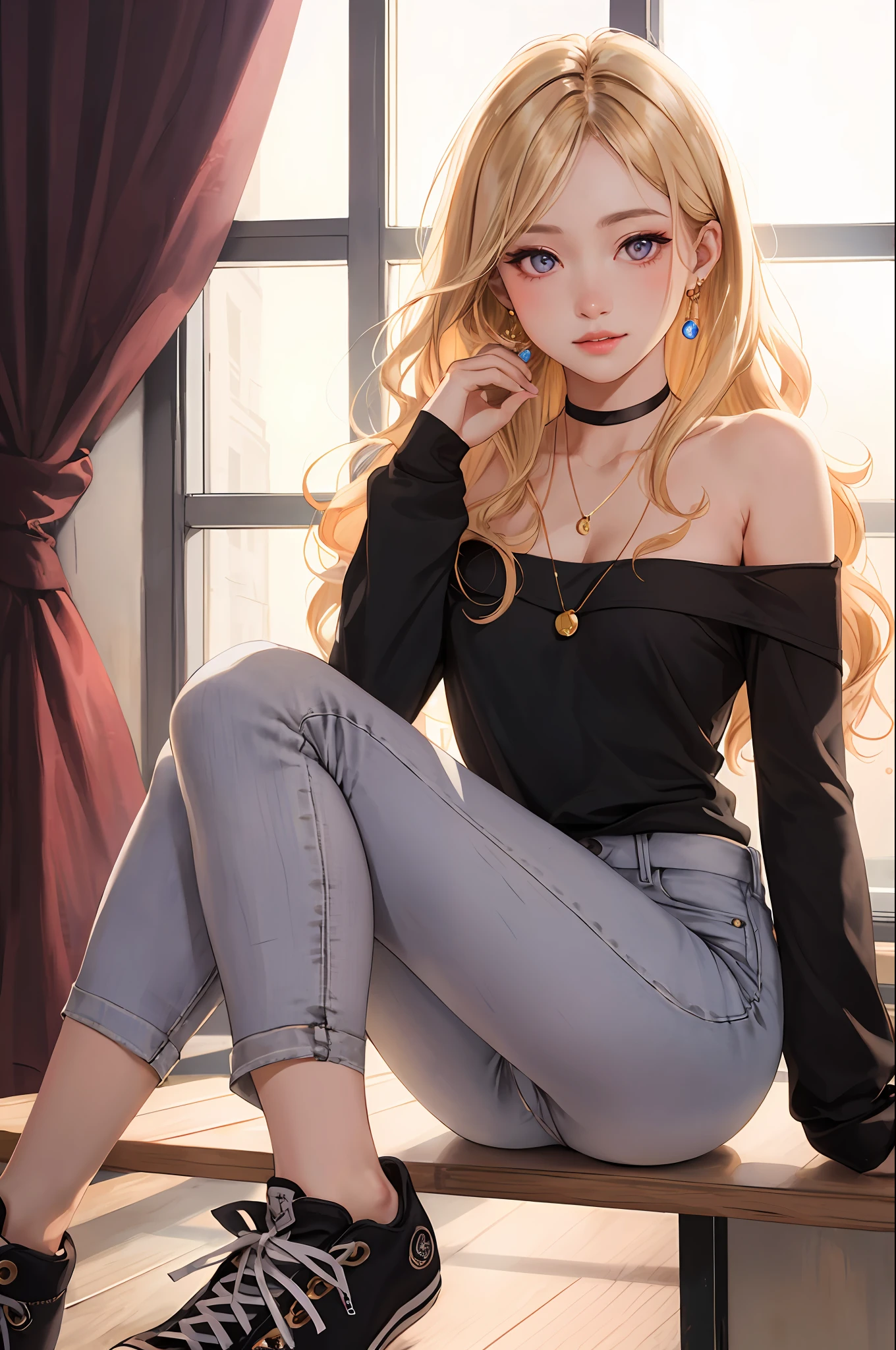 realistic, best quality, 8k uhd, dslr, soft lighting, high quality, film grain, Fujifilm XT3, intricate detail, depth of field,  girl, sitting, (lens flare, backlight:1.2), (caramel blonde, long wavy hair), earrings, hair ornament, off shoulder blouse, blush, choker, looking at viewer, flash, medium breast size, light coloured jeans, detailed purple eyes, realistic face, beautiful face, cute face, adult face, soft pink lips, slim frame, long legs, full body, standing pose, black converse shoes, smooth skin, slim figure, medium butt size, glossy lips, small feet, small hands, perfect hands