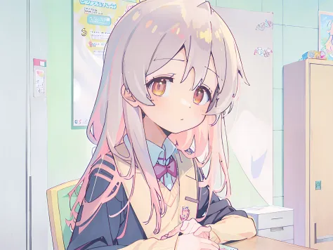 Anime girl with pink hair sitting on table in school uniform, Smooth anime CG art, Beautiful Anime High School Girls, Anime girl...