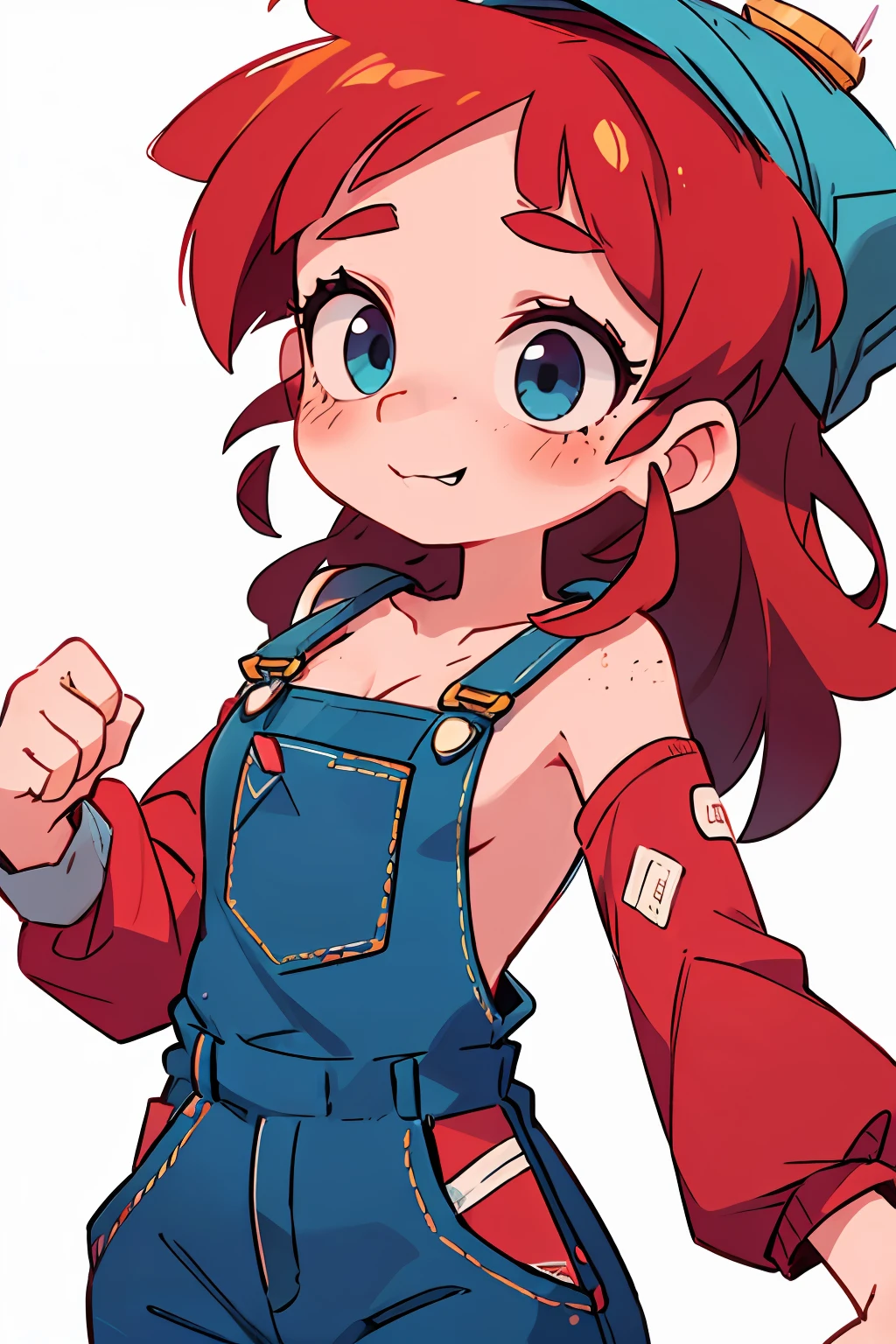 masterpiece, beautiful, 4k, detailed, intricate details, child, , overalls, jean overalls, cuffed overalls, red hair, long red hair, long straight hair, messy hair, tomboy, tomboy hair, tomboyish, bucktooth, soft blue eyes, soft smile, slight smile, hands back, standing on the balls of her feet, 1girl, rocking, shirtless, overalls over skin, bare shoulders, bare sleeves, bare arms, medium sized breasts, cleavage, cleavage behind overalls, facing forward, side cut, torso shown, band aid, freckles, short, young, super short,  body