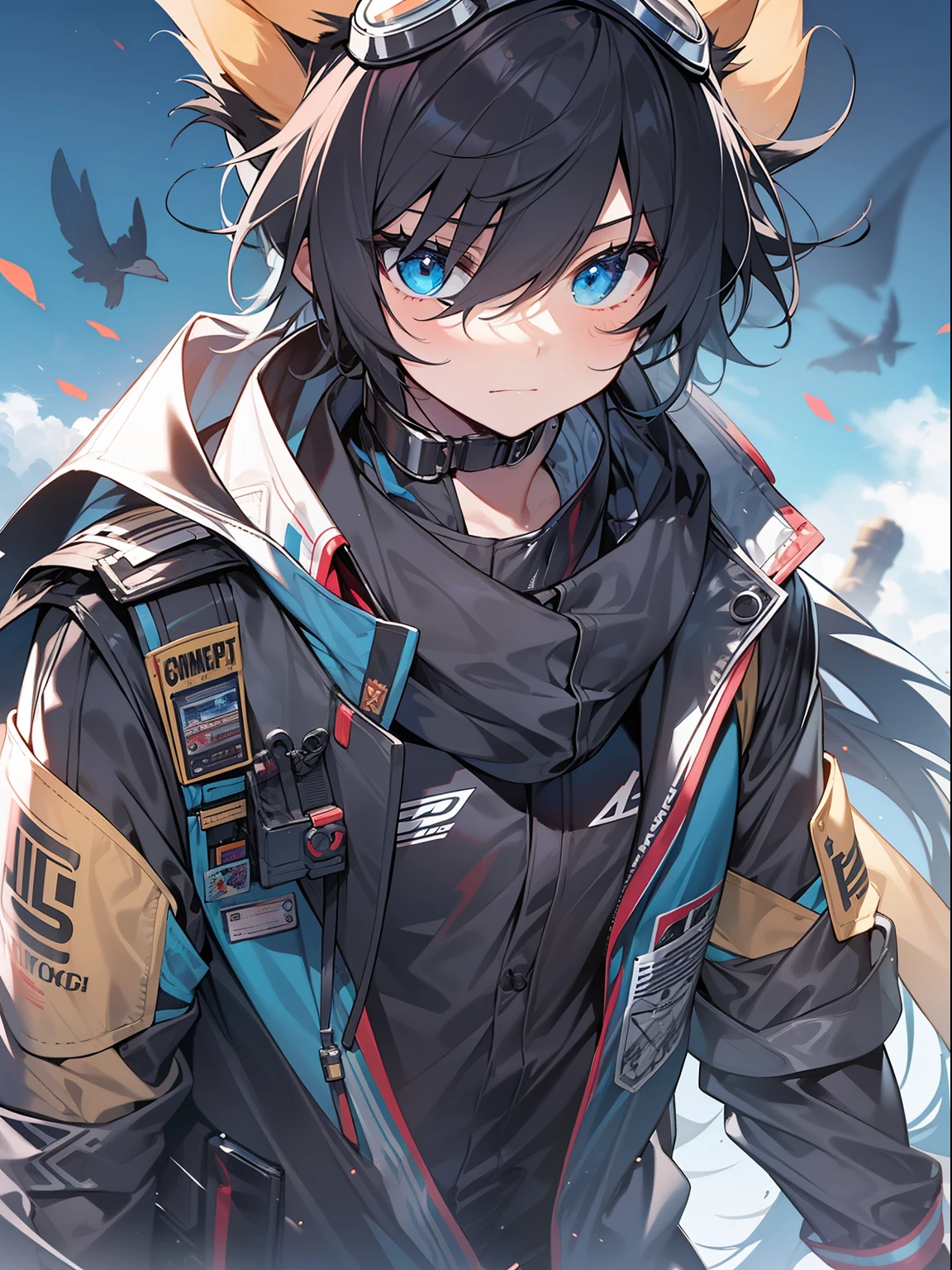 Game CG，8K quality，((younge boy))，juvenile sense，Anime male protagonist，Black hair and blue dye，Shining big eyes，Eyes look into the distance，Squint viewing angle，Animal ears，(goggles)，((Black and blue jumpsuits))，Fingerless gloves，(Racing boots)，assassins，entire body image，technology city，Scarf，Back sword，Battle damage, Paw print pattern, Alone