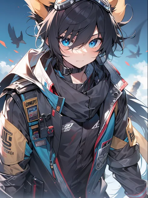 Game CG，8K quality，((younge boy))，juvenile sense，Anime male protagonist，Black hair and blue dye，Shining big eyes，Eyes look into ...