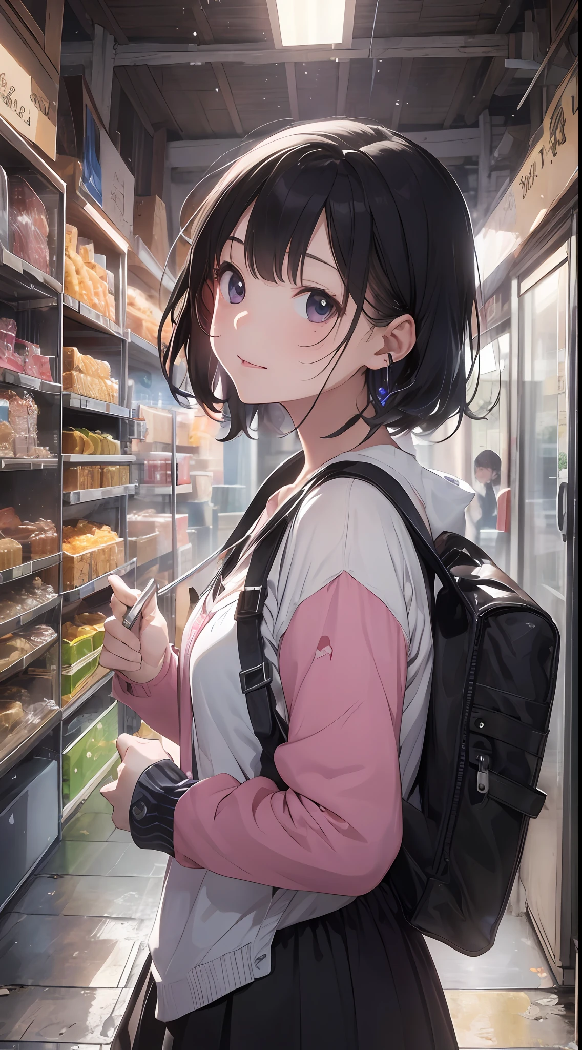 Anime girl in a bakery looking at a display of pastries - SeaArt AI