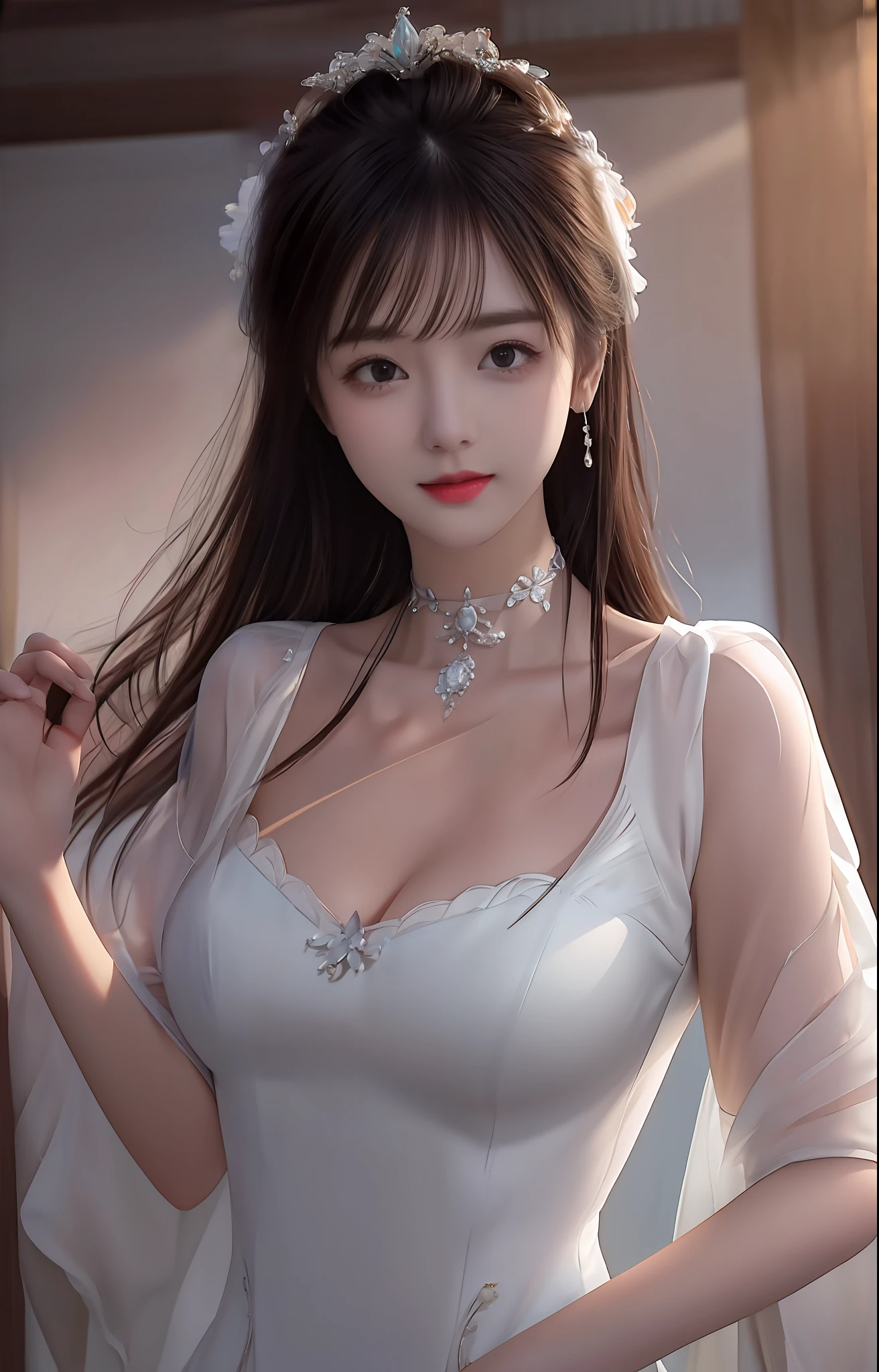 rosto magro，Slim，Lori huge breasts cleavage，Best quality、tmasterpiece、A high resolution、1girll、Porcelain dress、hair adornments、choker necklace、jewely、pretty  face、Physically、Tyndall effect、realisticlying、Shadow Studio、edge lit、bicolor lighting、（highdetailskin：1.2）、8K  UHD、Digital SLR、softlighting、high high quality、volumettic light、sneak shot、photore、A high resolution、4K、8K、The background is blurred out，Full body photo，Jade foot，