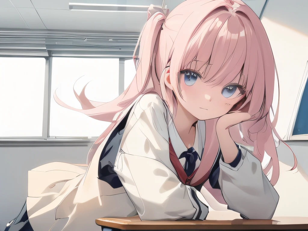 Anime girl with pink hair sitting on table in school uniform, Smooth anime CG art, Beautiful Anime High School Girls, Anime girl with long hair, Surrealism female students, Realistic schoolgirl, seductive anime girls, Surrealism female students, Cute anime girl, up of young anime girl, Anime art wallpaper 8 K, attractive anime girls, Beautiful anime girl，