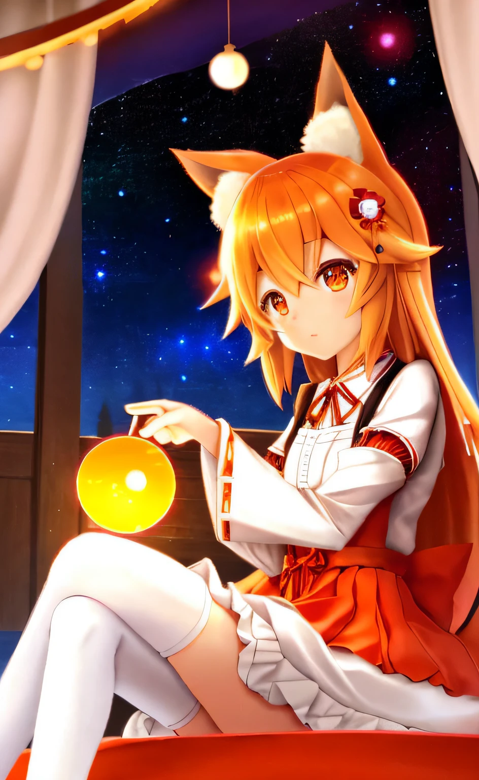 "Senko, adorable lolita fox girl, sitting on a pillow, cozy, lifelike, mesmerized by a mystical, radiant orange orb containing a miniature galaxy inside. She is holding the orb in her hand."