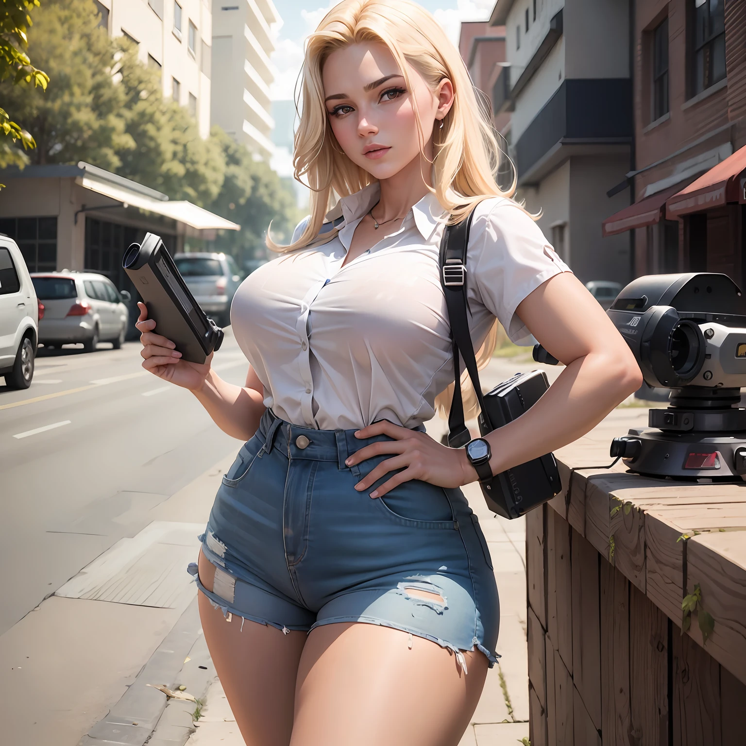 Blonde woman in short shorts holding a camera and a cell phone - SeaArt AI