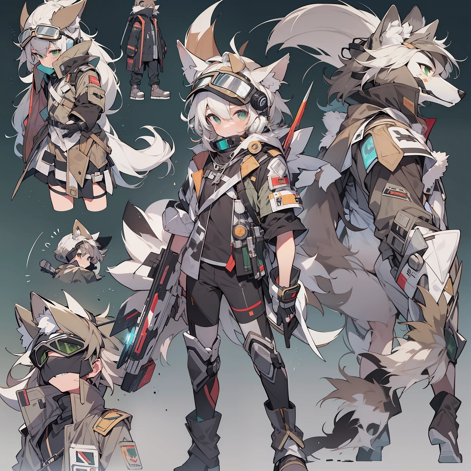Game CG，8K quality，((younge boy))，juvenile sense，Anime male protagonist，Wolf ears，Wolf tail，agony，goggles，Tech earmuffs，White and green all-in-one mech set，White armored gloves，Racing boots，Fight，ventania，Light effects，Full body like，injury，Sit with open legs，fell，Battle damage，Defeat，dying，Single
