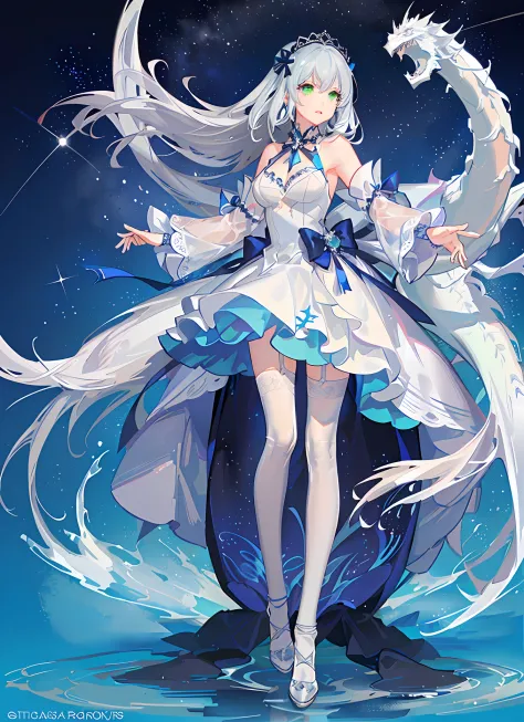Bright cyan eyes, Long white hair, Green-eyed white dragon, teens girl, Twinkling starry sky galaxy as background, gentle, White lace-trimmed stockings, Black leg ring, Silver white neck ring, estrus, , pink love eyes