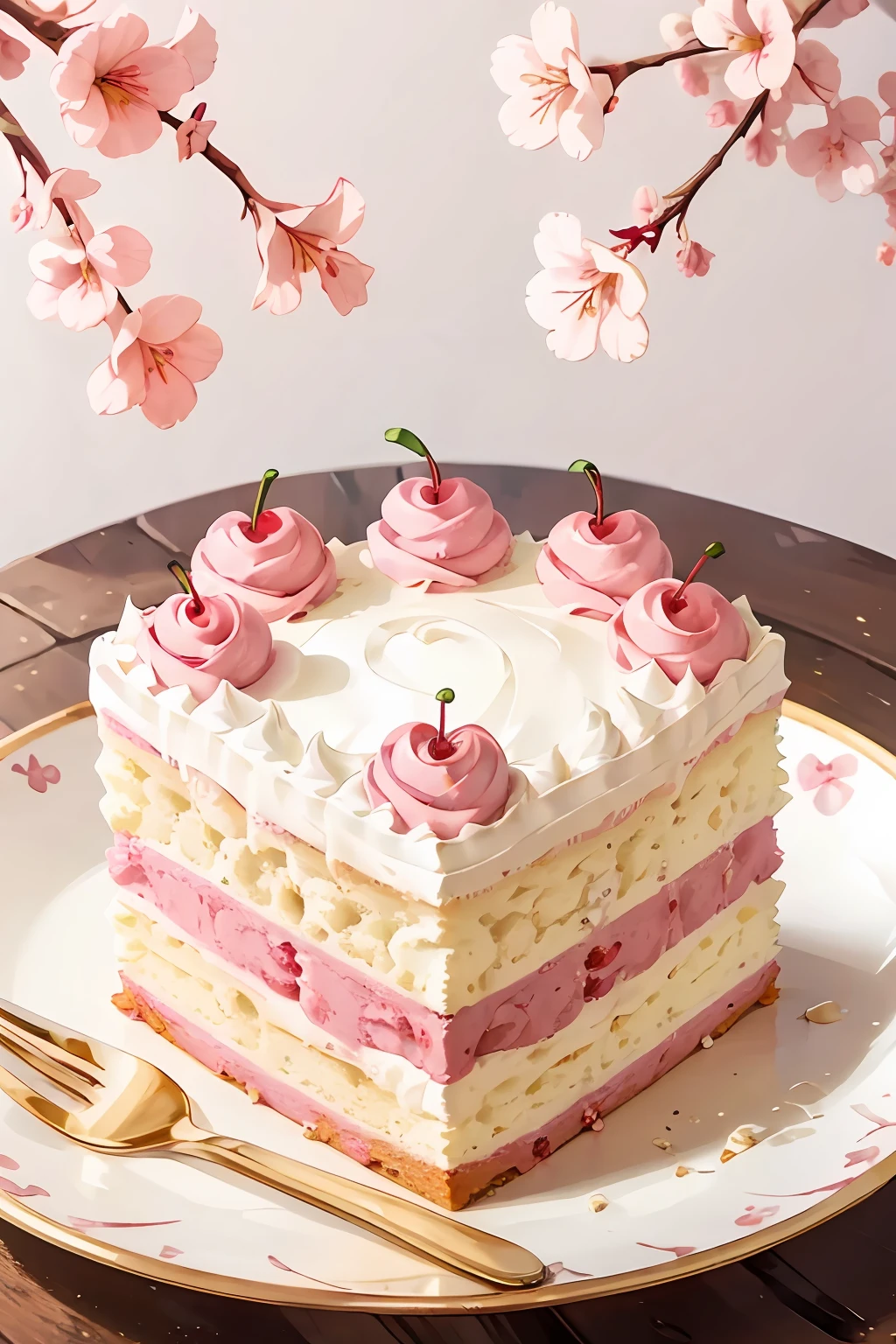 masterpiece, high quality, best quality, pink cream cake, cherry, foodphoto,