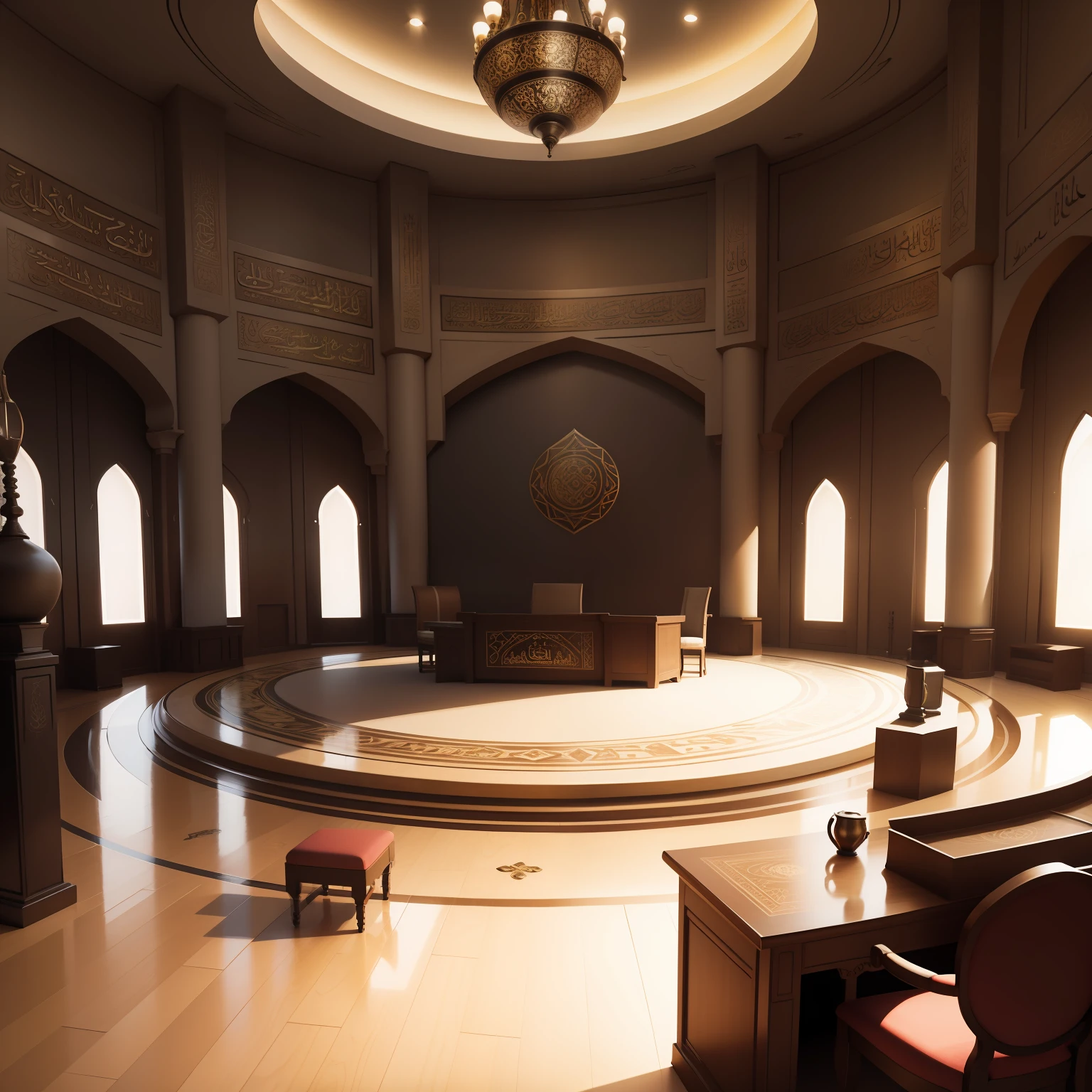 An Arab Council with inscriptions, creative drawing, high-end furniture, realistic, high accuracy, natural colors, many detailed details