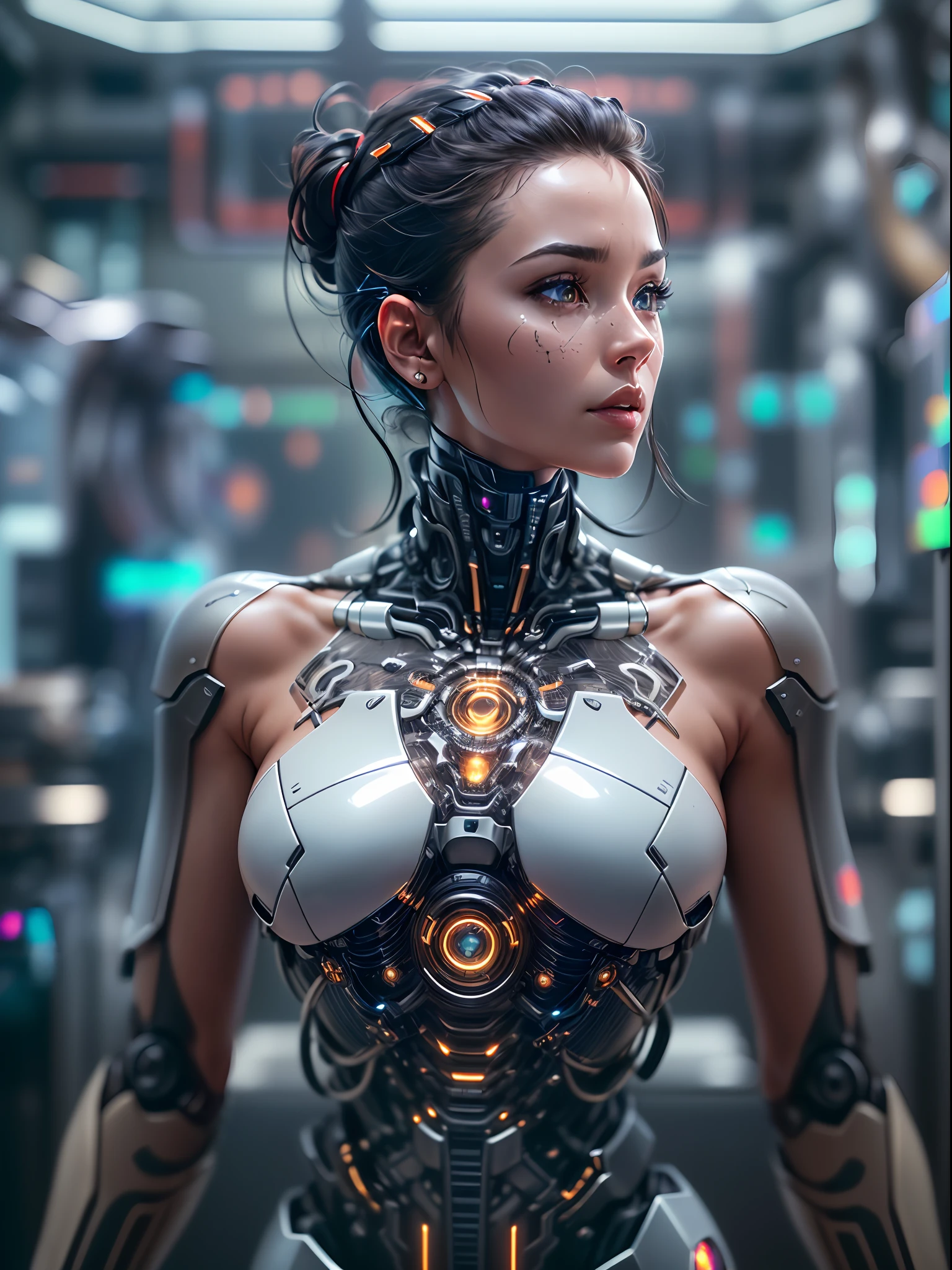 (masterpiece, high resolution, CGI:1.4), (depicting a woman with seamless robotic enhancements throughout her entire body:1.3), (her skin blending seamlessly with metallic components:1.2), (glowing circuitry running beneath her translucent skin:1.2), (mechanical joints and pistons providing enhanced mobility:1.2), (her eyes radiating with a subtle robotic glow:1.2), (intricate cybernetic tattoos adorning her body:1.2), (a metallic exoskeleton enhancing her strength and agility:1.2), (Canon EOS R5 mirrorless camera:1.2), (paired with a Canon RF 85mm f/1.2L USM lens:1.2), (capturing every detail of her advanced cybernetics:1.2), (the laboratory environment designed with a futuristic and minimalist aesthetic:1.2), (sleek and clean lines defining the space:1.1), (holographic displays showcasing advanced technology:1.1), (subtle ambient lighting adding a touch of sci-fi allure:1.1), (a captivating CGI render of a woman embodying the future of human-machine integration:1.2), Cinematic, Hyper-detailed, insane details, Beautifully color graded, Unreal Engine, DOF, Super-Resolution, Megapixel, Cinematic Lightning, Anti-Aliasing, FKAA, TXAA, RTX, SSAO, Post Processing, Post Production, Tone Mapping, CGI, VFX, SFX, Insanely detailed and intricate, Hyper maximalist, Hyper realistic, Volumetric, Photorealistic, ultra photoreal, ultra-detailed, intricate details, 8K, Super detailed, Full color, Volumetric lightning, HDR, Realistic, Unreal Engine, 16K, Sharp focus, Octane render