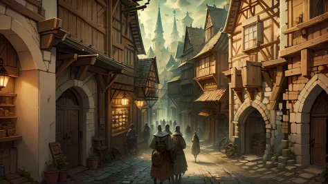 Beautiful illustration of a medieval city street, medieval folk walking the streets, detailed, intricate.