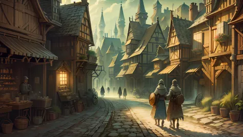 Beautiful illustration of a medieval city street, medieval folk walking the streets, detailed, intricate.