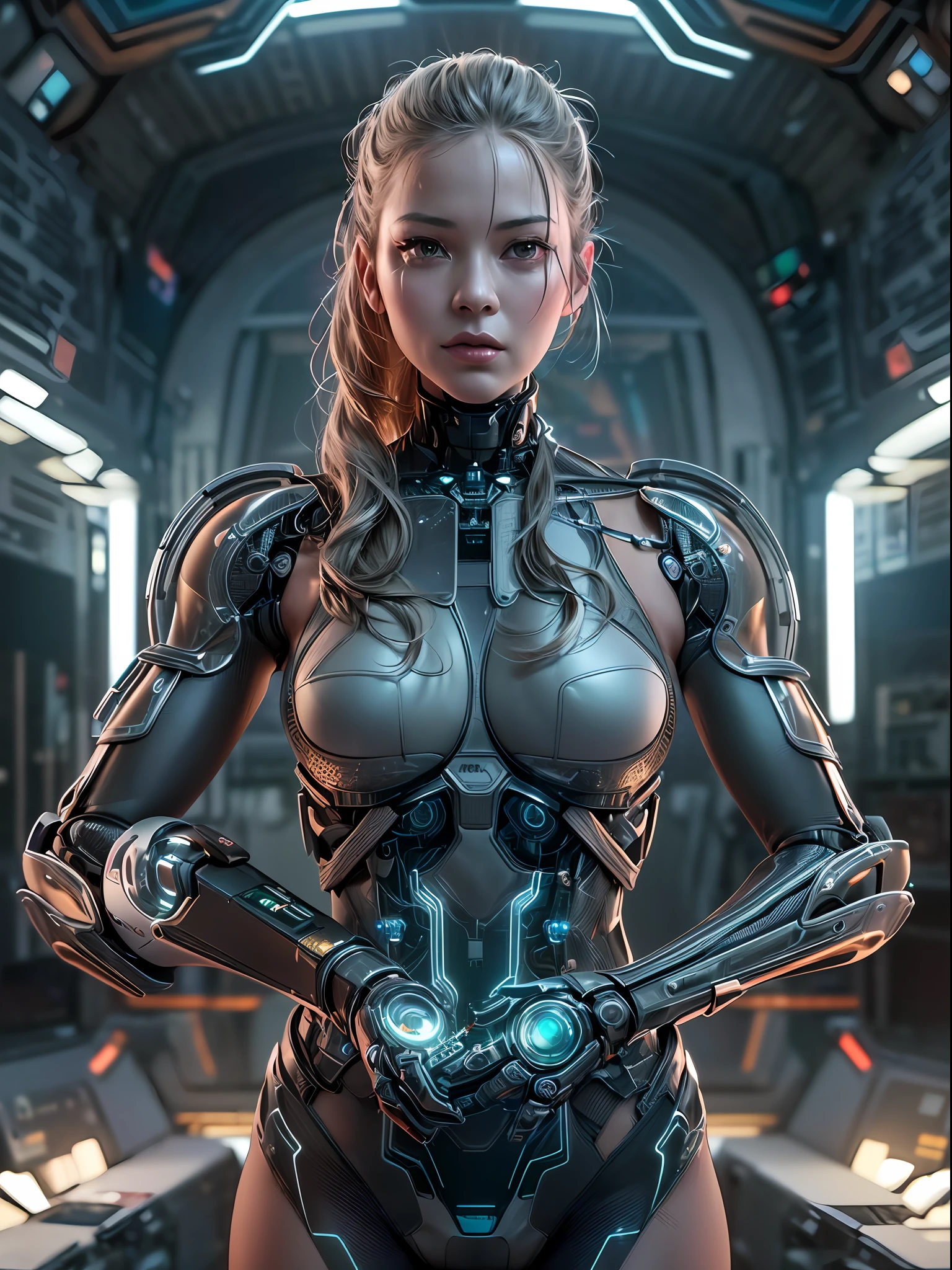 (chef-d&#39;œuvre, Haute résolution, cgi:1.4), (Représentation d’une femme avec des améliorations robotiques transparentes dans tout son corps:1.3), (Sa peau se fond parfaitement avec des composants métalliques:1.2), (Des circuits lumineux sous sa peau translucide:1.2), (Joints mécaniques et pistons offrant une mobilité accrue:1.2), (ses yeux irradiant d’une subtile lueur robotique:1.2), (Des tatouages cybernétiques complexes ornant son corps:1.2), (un exosquelette métallique améliorant sa force et son agilité:1.2), (Appareil photo sans miroir Canon EOS R5:1.2), (associé à un Canon RF 85mm f/1.Objectif USM 2L:1.2), (Capturer chaque détail de sa cybernétique avancée:1.2), (l&#39;environnement de laboratoire conçu avec une esthétique futuriste et minimaliste:1.2), (Des lignes épurées et épurées définissant l’espace:1.1), (Écrans holographiques présentant une technologie de pointe:1.1), (Un éclairage ambiant subtil ajoutant une touche d’allure de science-fiction:1.1), (a captivating cgi render of a woman embodying the future of human-machine integration:1.2), cinématique, hyper détaillé, détails fous, Magnifiquement étalonné en couleurs, Moteur irréel, DOF, Super-résolution, Mégapixel, cinématique Lightning, anti crénelage, FKA, THAÏLANDAIS, RTX, SSAO, post-traitement, Post-production, Cartographie des tons, cgi, Effets visuels, Effets sonores, Incroyablement détaillé et complexe, Hyper maximaliste, hyper réaliste, volumétrique, photoréaliste, ultra photoréaliste, Ultra-détaillé, Détails complexes, 8k, Super détaillé, en couleur, volumétrique lightning, hdr, réaliste, Moteur irréel, 16k, netteté, rendu d&#39;octane