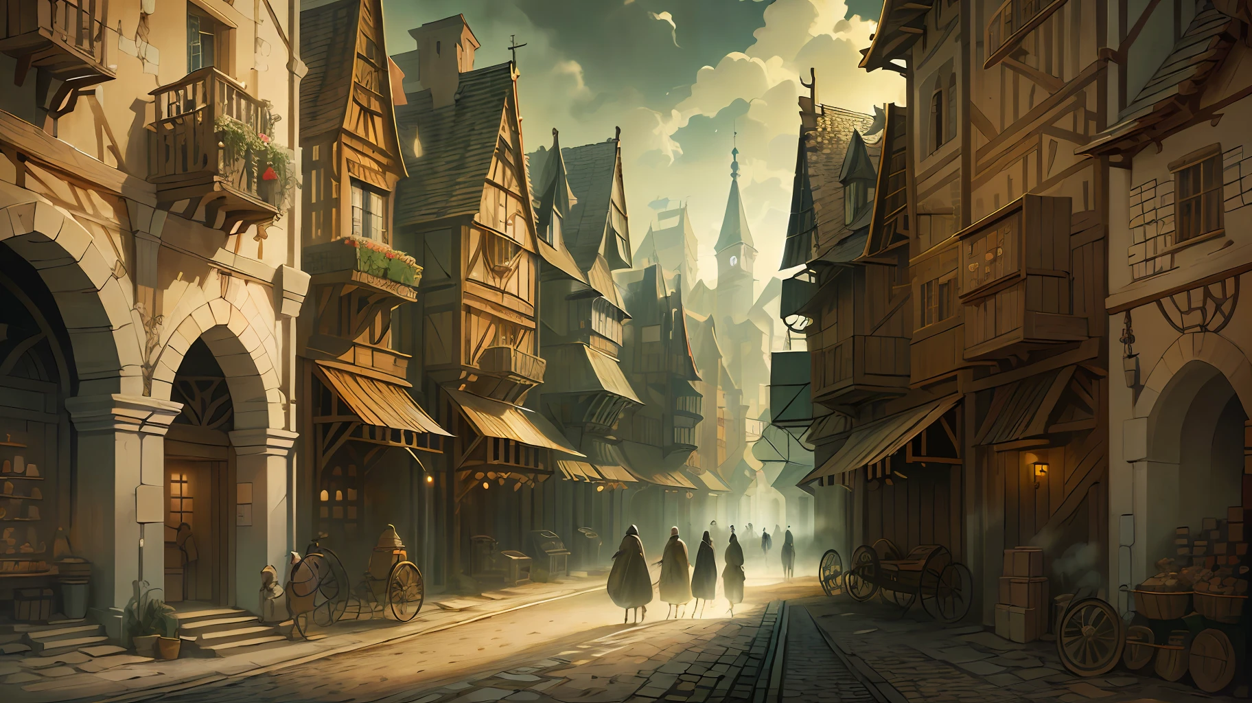 Bela ilustração de uma rua medieval da cidade, povo medieval andando pelas ruas, detalhado, Intrincado.