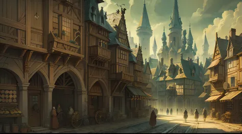 beautiful illustration of a medieval city street, medieval folk walking the streets, detailed, intricate.