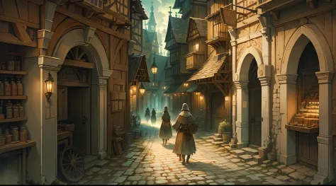 Beautiful illustration of a medieval city street, medieval folk walking the streets, detailed, intricate.