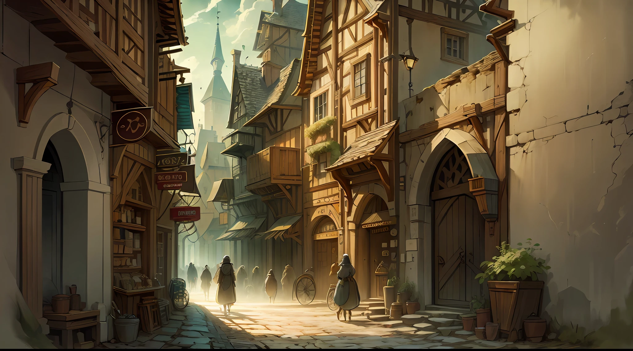Bela ilustração de uma rua medieval da cidade, povo medieval andando pelas ruas, detalhado, Intrincado.