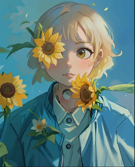 blond woman with sunflowers in her hair and a blue jacket, by eizan kikukawa, spring day, by yamagata hiro, with flowers, inspir...