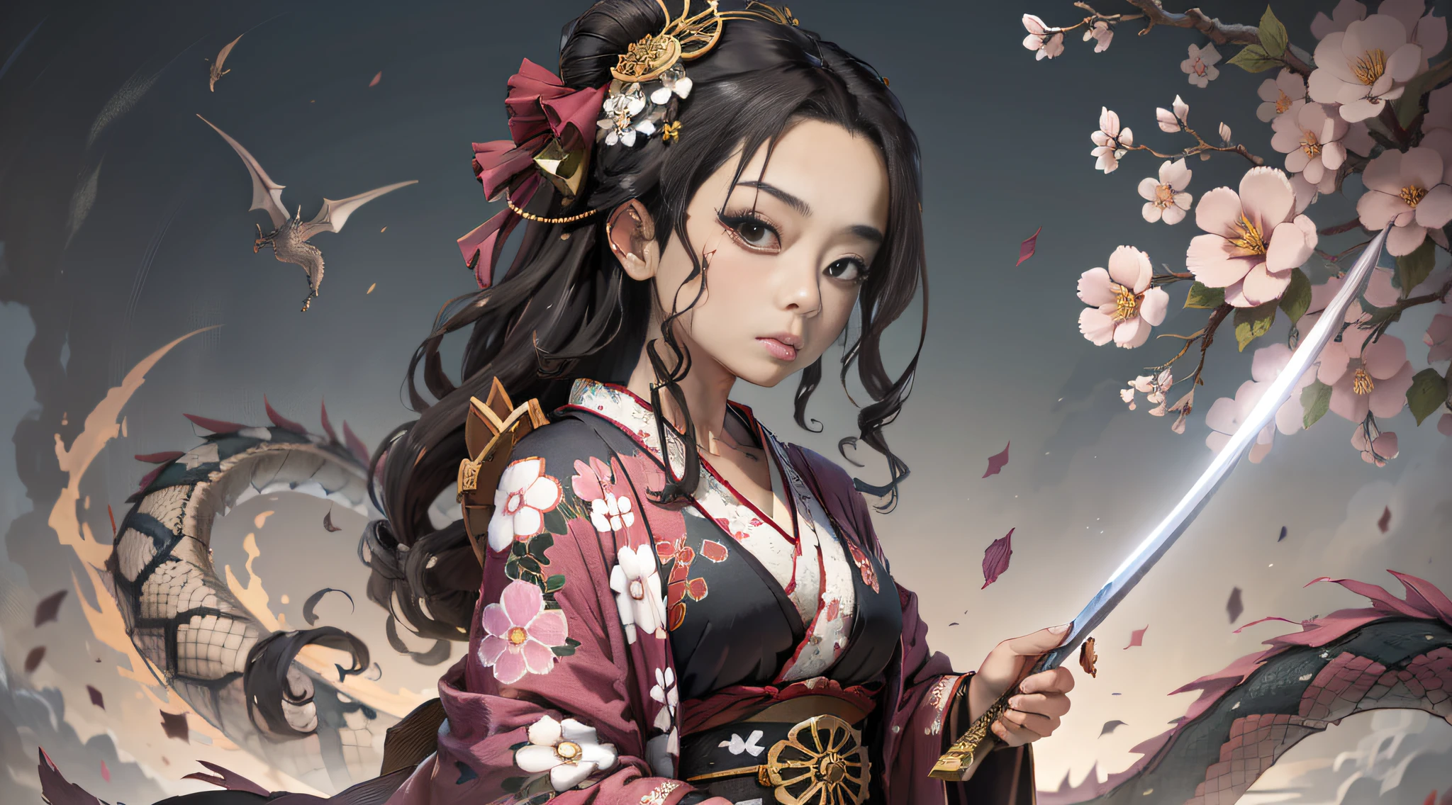 2D animation of a geisha wearing a black kimono with a kasa holding a sword rich in ninja details facing a dragon rich in highly defined details ((obra-prima))