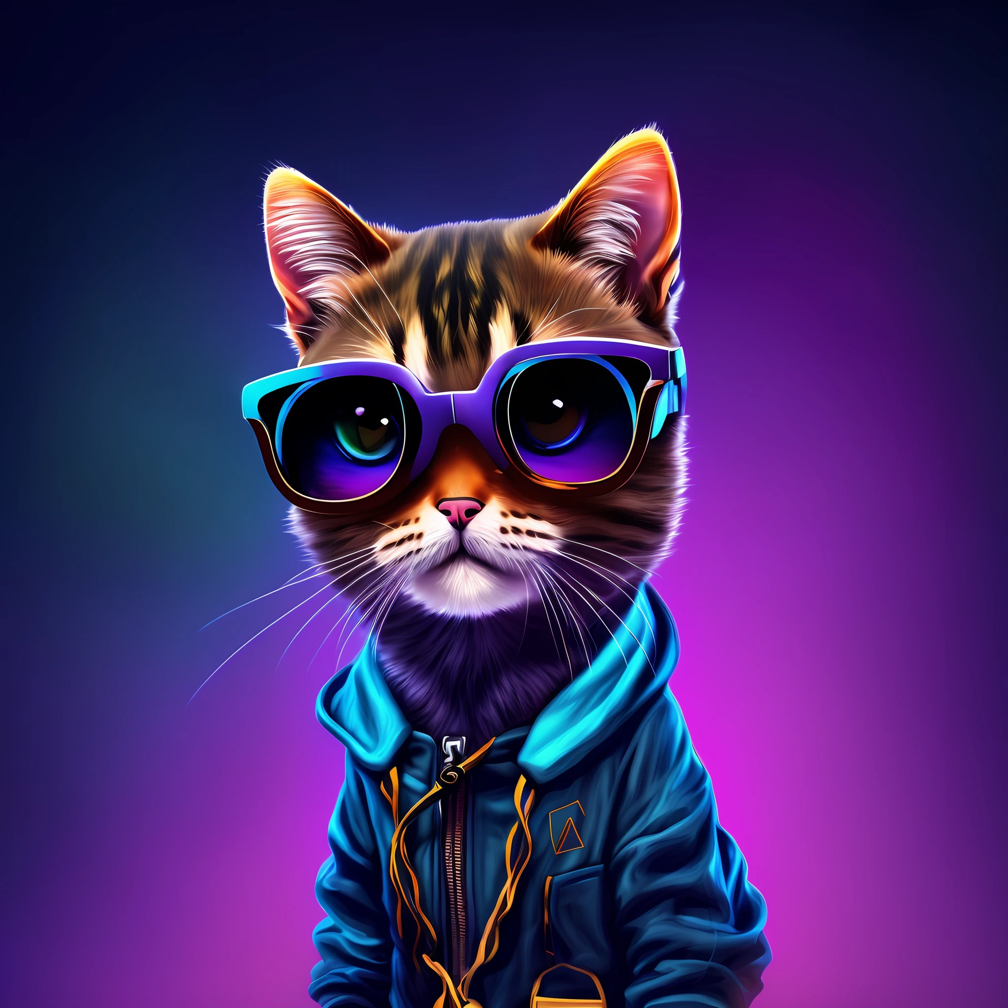 There is a cat wearing a jacket and sunglasses on a purple background, painting digital adorable, arte digital detalhada bonito, Gato. pintura digital, gato cyberpunk, olhando heckin legal e elegante, arte digital bonito, in illustration style digital, epic digital art illustration, arte digital peluda, bonito 3 d render, ultra realistic 3d illustration, pintura digital altamente detalhada