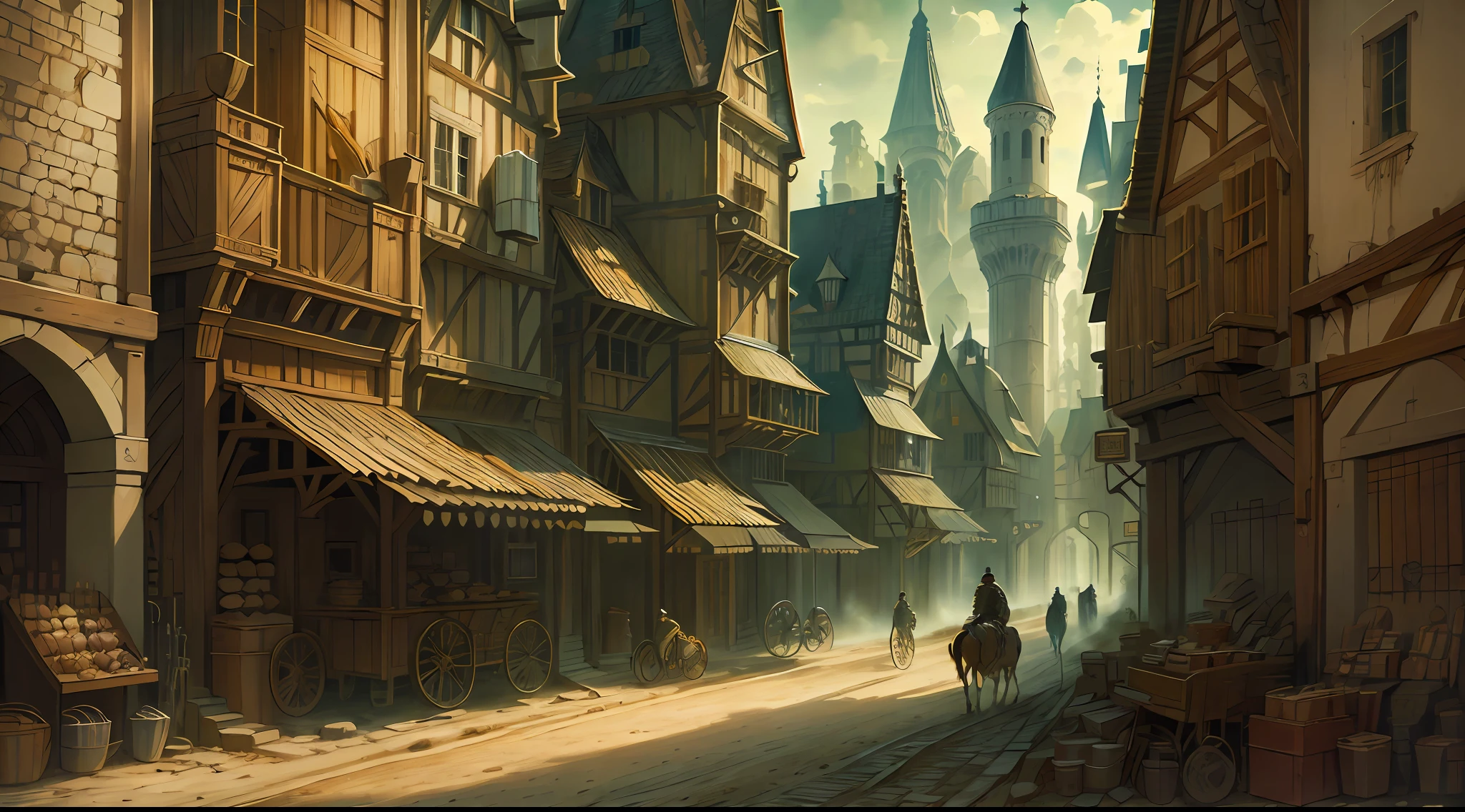 Bela ilustração de uma rua medieval da cidade, soldado medieval ao lado do cavalo em primeiro plano, detalhado, Intrincado.