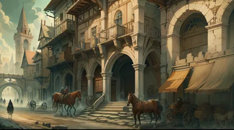 Beautiful illustration of a medieval city street, medieval soldier standing next to horse in foreground, detailed, intricate.